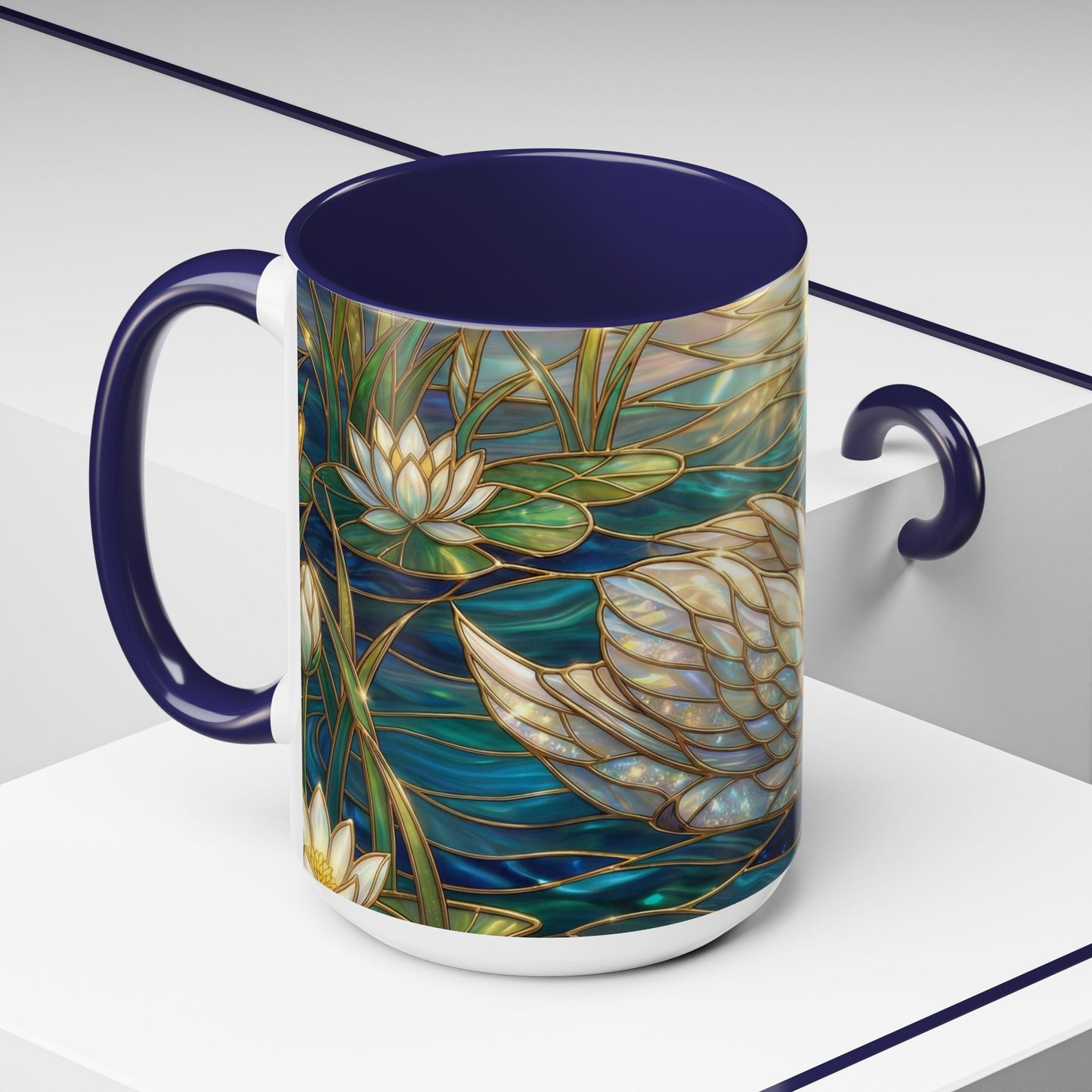 Stained Glass Swan Mug, Swan Coffee Cup, Elegant Swan Art Mug, Nature Decor Gift, Lake Swan Mug, Serene Animal Coffee Cup
