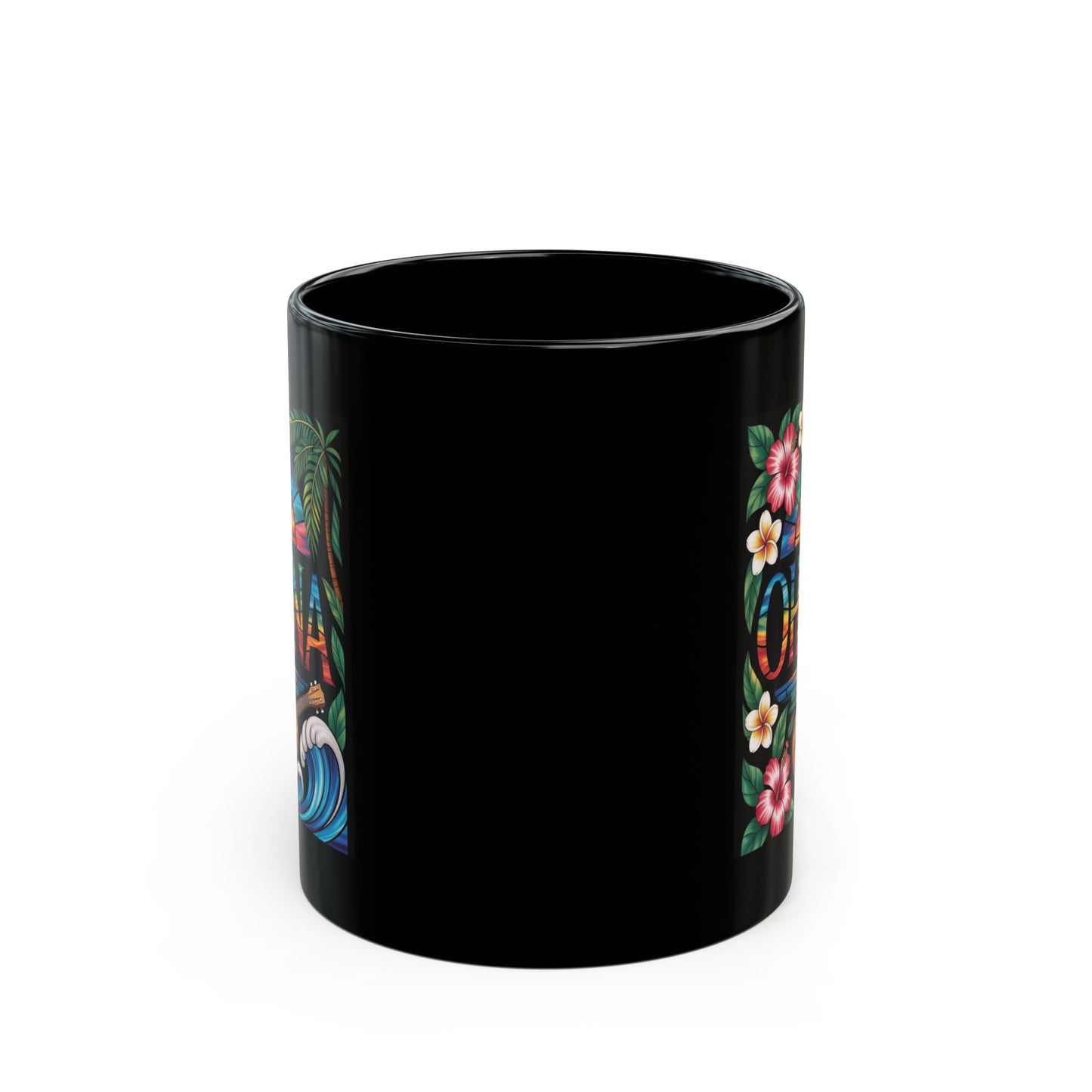 Ohana Mug Hawaiian Coffee Cup Tropical Sunset, Hibiscus Flowers, Ukulele, Aloha Gift