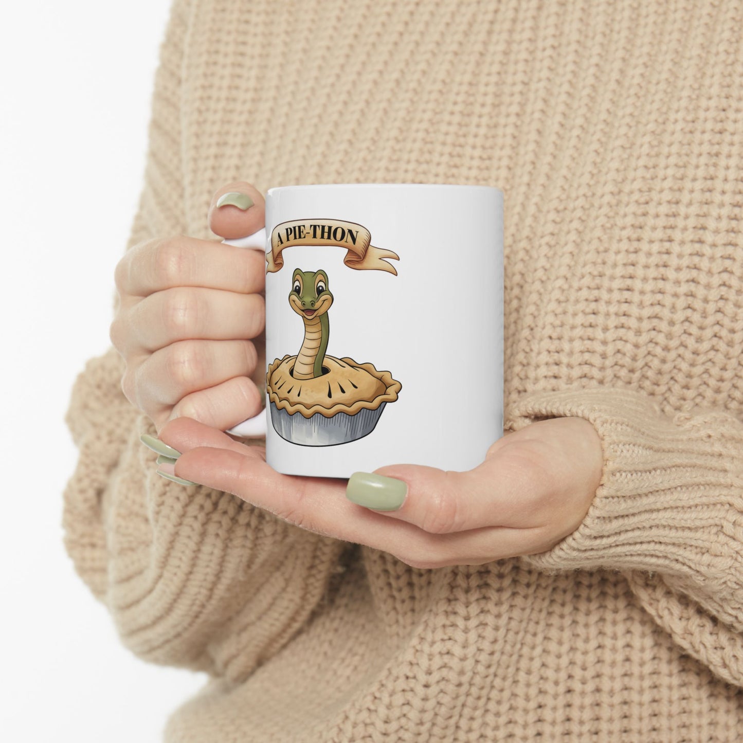 Pie-Thon Snake Mug - Funny Python Pie Pun Mug, Quirky Animal Cartoon Ceramic Coffee Cup, Novelty Gift for Snake Lovers & Bakery Fans