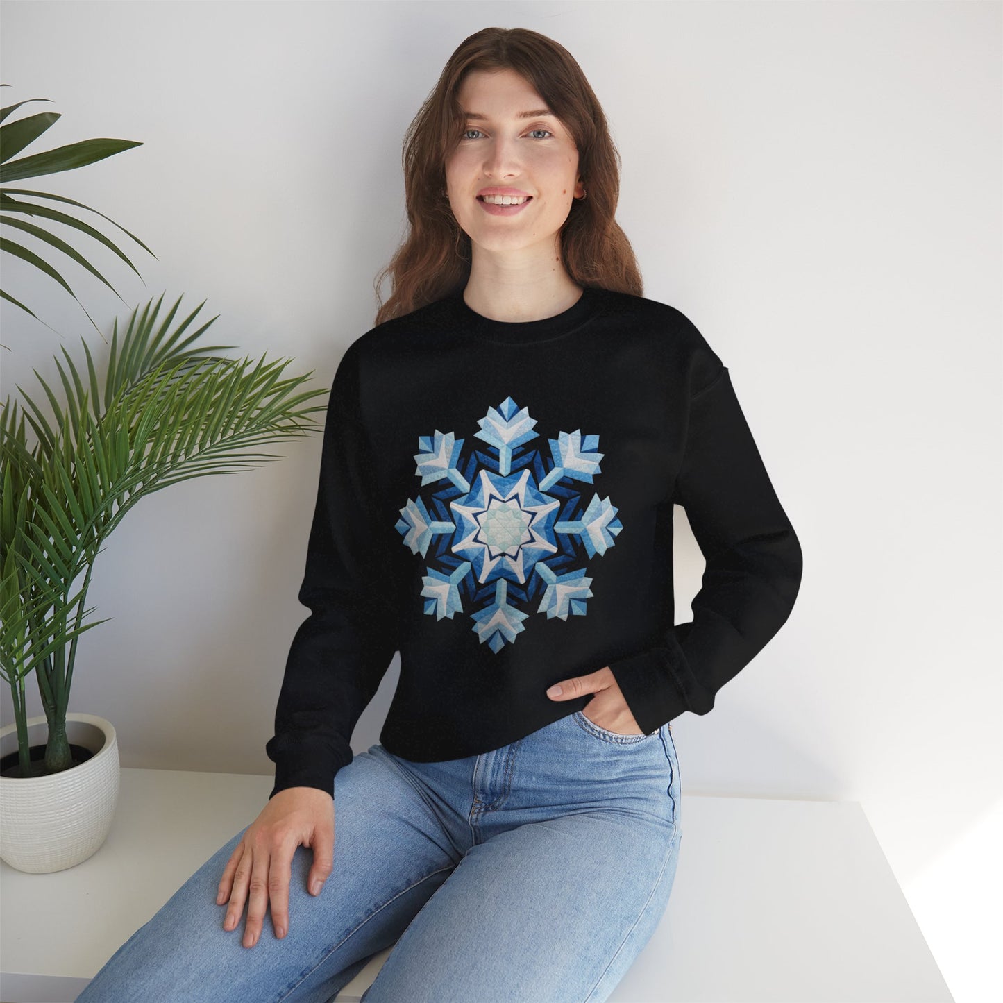 Faux Patchwork Snowflake Sweatshirt, Winter Snowflake Crewneck Unisex, Cozy Holiday Patchwork Sweatshirt, Nordic Snowflake Winter Pullover