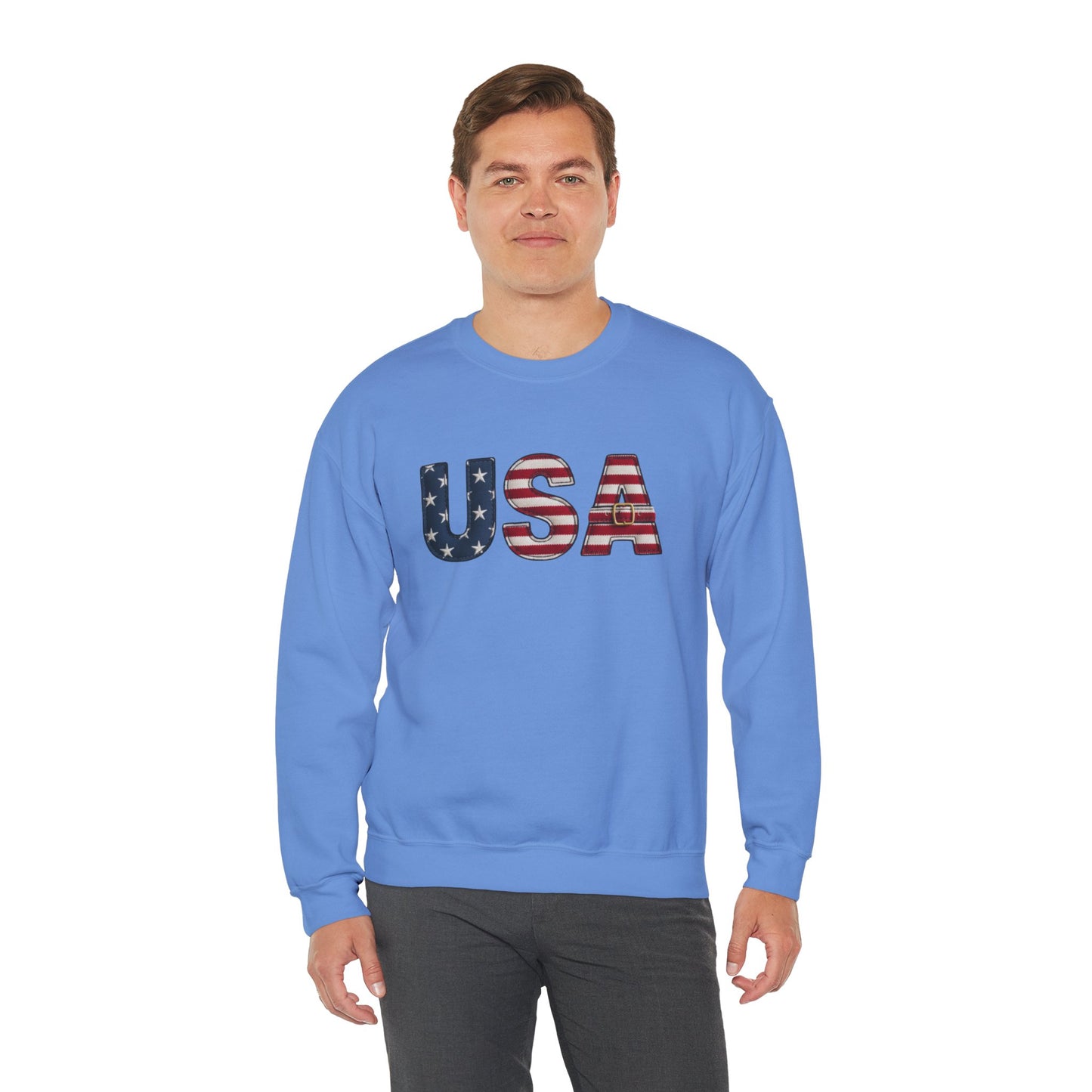 Faux Patchwork USA Sweatshirt, Patriotic Quilt Style Top, Rustic Americana Crewneck, 4th of July Shirt, Country USA Sweater, Vintage Flag Top