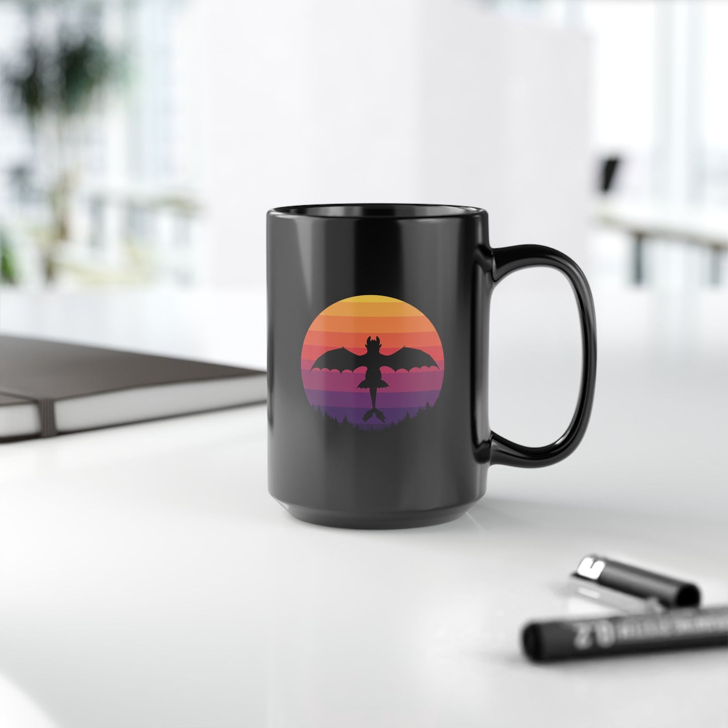 Dragon Mug, Fantasy Coffee Mug, Black Gothic Mug, Retro Sunset Dragon Gift, Gamer Mug, DnD Mug, Gift for Dragon Lover, Coffee Cup