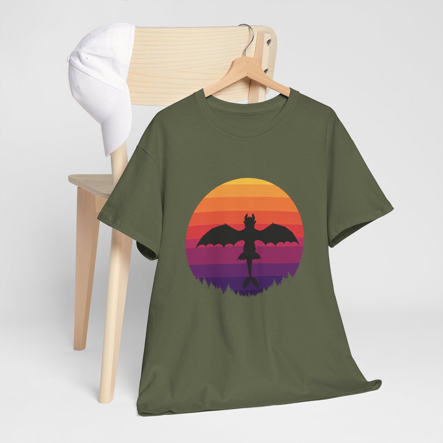Night Dragon Sunset T-Shirt | Retro Dragon Silhouette Tee | Fantasy Dragon Shirt | Unisex Graphic Tee | Gift for Dragon Lovers