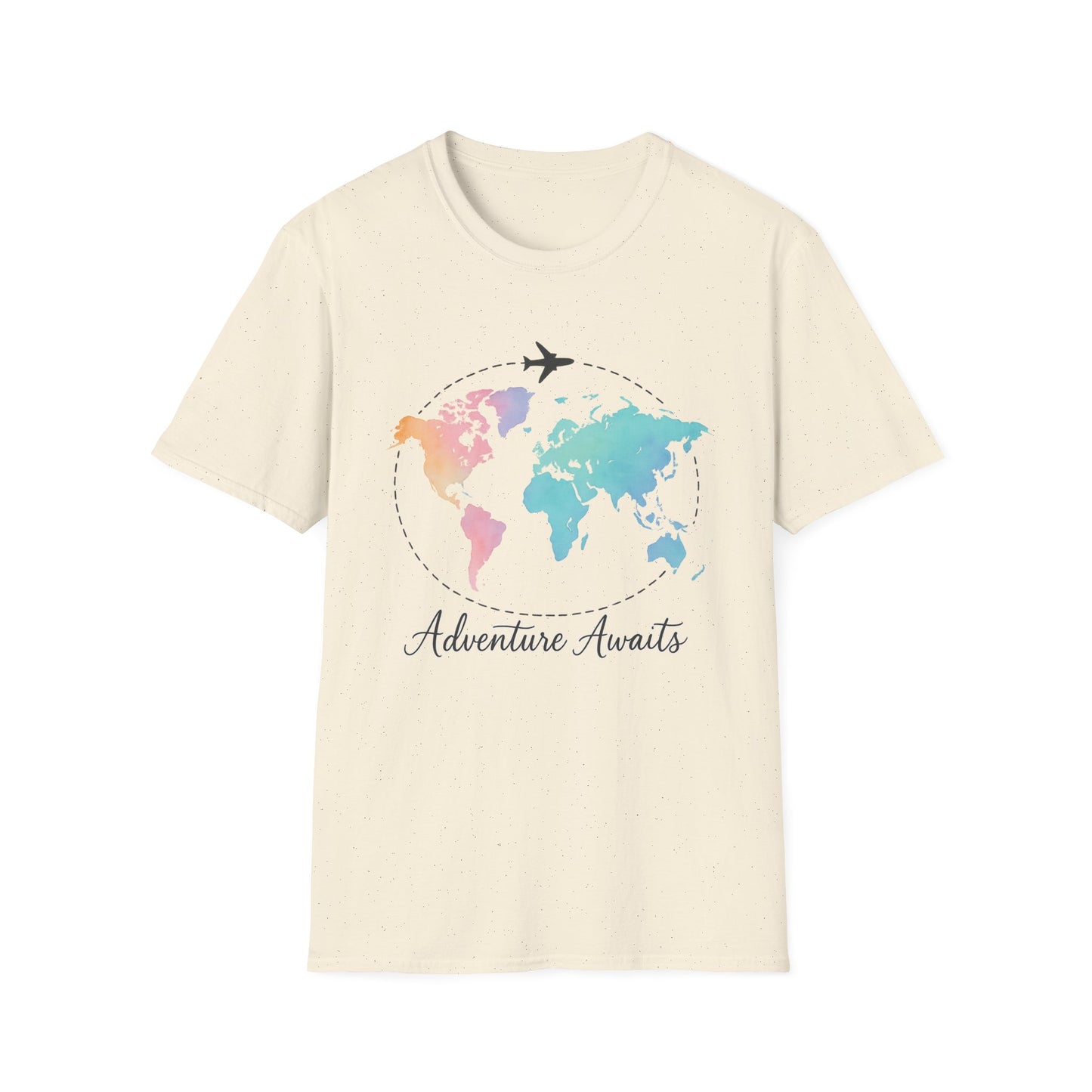 Adventure Awaits Travel Shirt | Watercolor World Map Tee for Women and Men | Wanderlust Gift for Travelers, Hikers, Campers, Beach Lovers