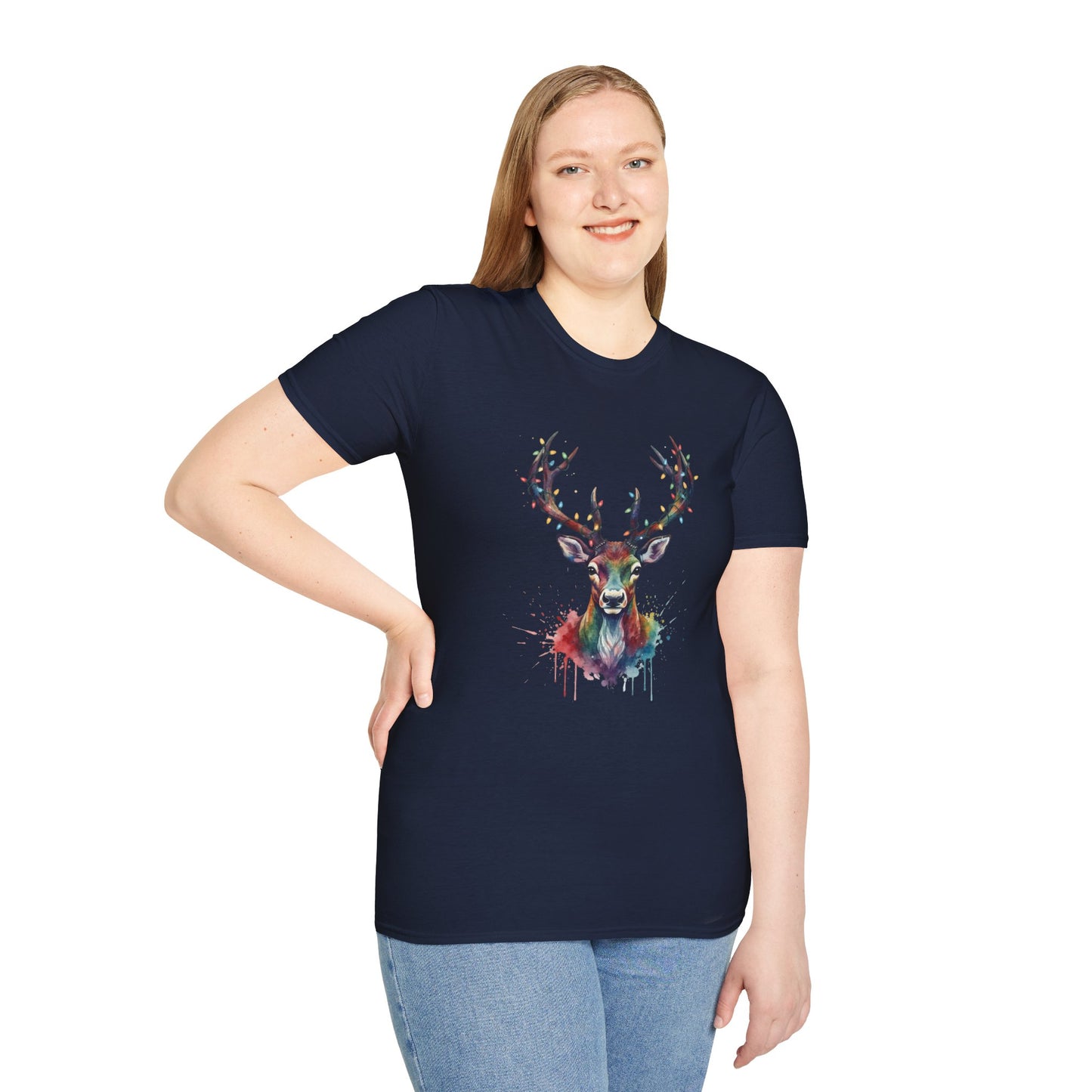 Christmas Deer Shirt, Watercolor Buck T-Shirt, Deer With Christmas Lights Tee, Holiday Wildlife Art Shirt, Colorful Deer Head Xmas Tee