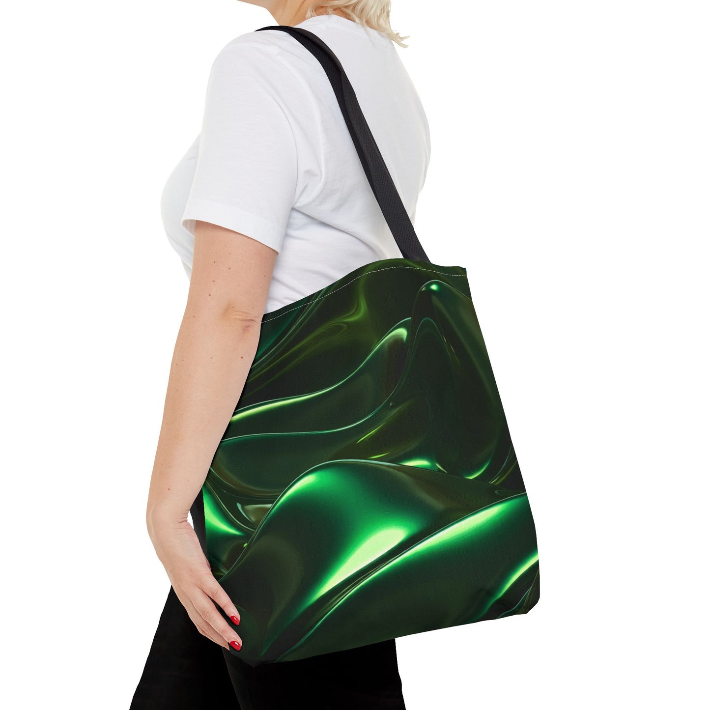 Futuristic Green Tote Bag - Abstract Metallic Wave Art Tote - Glossy Cyber Aesthetic Bag, Techwear Vibes, Edgy Gamer Gift, Trendy Street Style