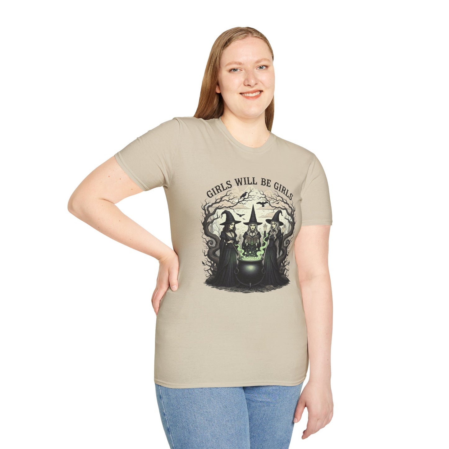 Girls Will Be Girls Witch Tee - Witches Brewing Cauldron Shirt - Halloween Witchy Vintage Feminist Spooky Gift for Women
