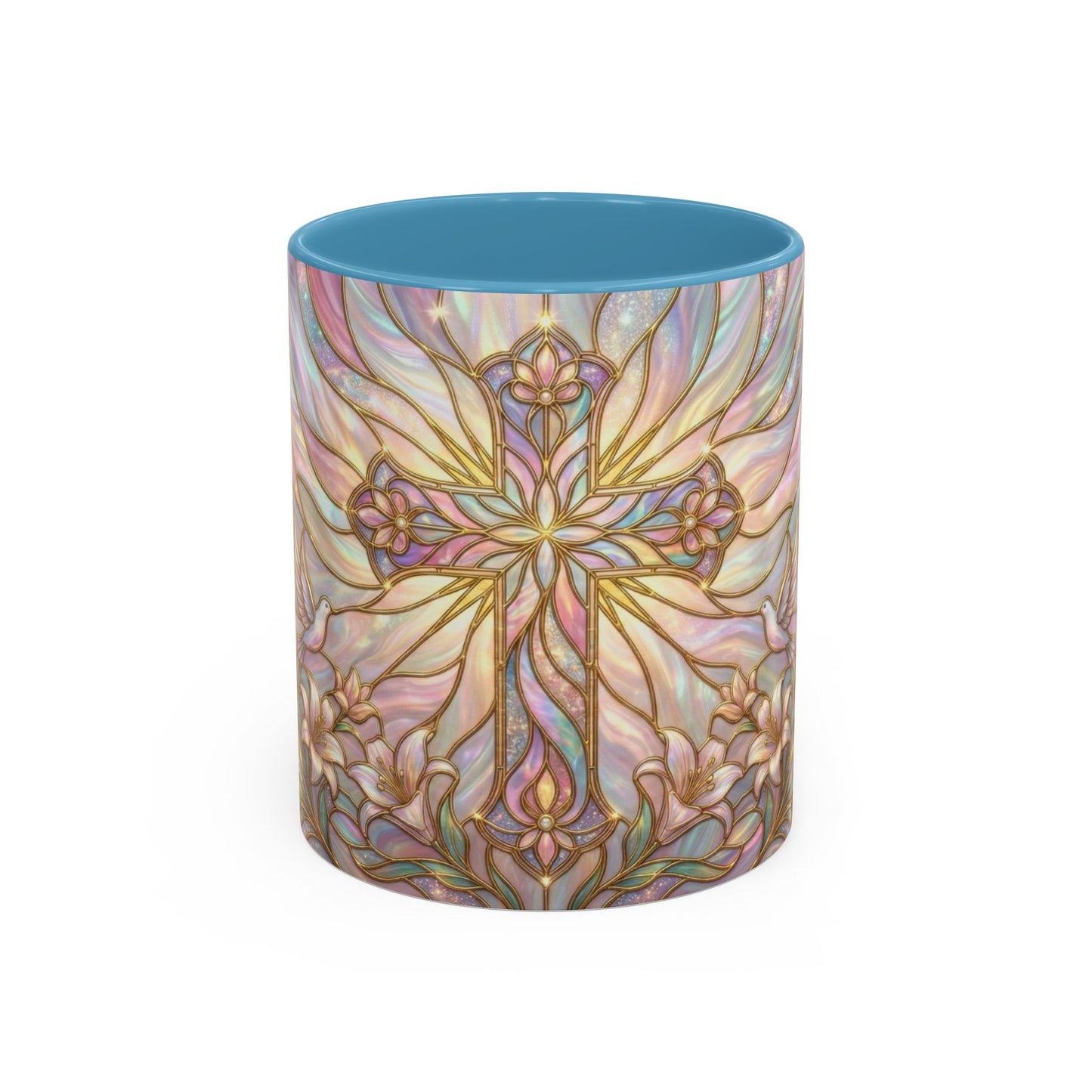 Stained Glass Cross Mug, Easter Lily Coffee Cup, Christian Gift for Women, Pastel Religious Drinkware, Dove and Faith Cup, Spiritual