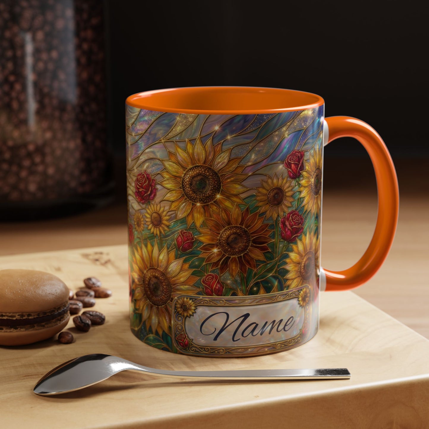Personalized Stained Glass Sunflower Mug, Custom Red Rose Floral Coffee Cup, Celestial Night Sky Botanical Teacup, Gift For Flower Lover