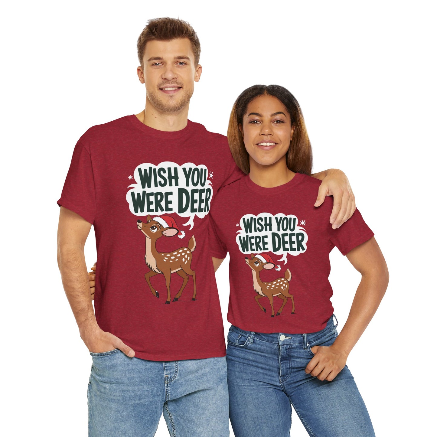 Wish You Were Deer Funny Christmas T-Shirt, Cute Reindeer Holiday Tee, Pun Christmas Shirt, Festive Santa Hat Deer Graphic Tee Gift