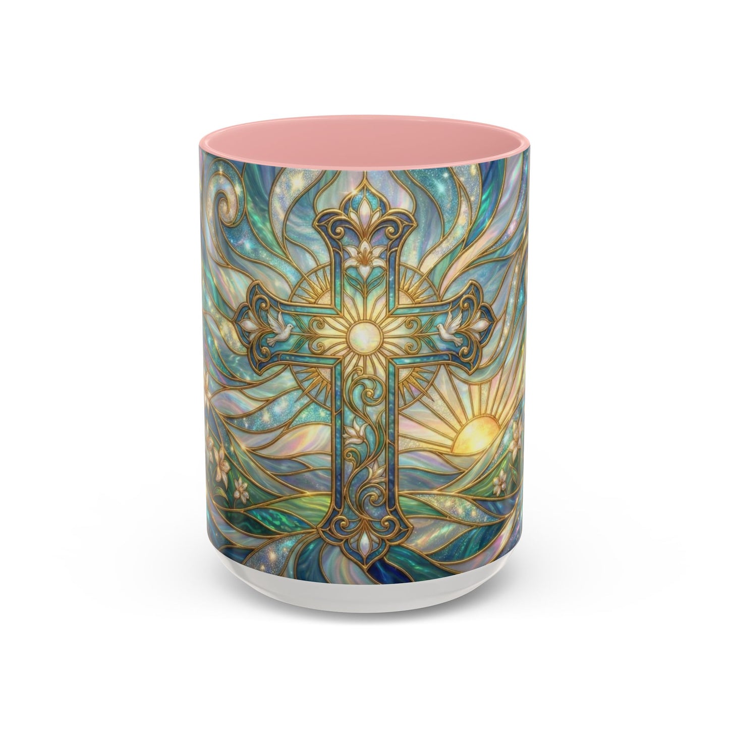 Stained Glass Cross Mug, Christian Coffee Cup, Religious Easter Gift, Celestial Faith Mug, Spiritual Sunrise Cup, Dove Lily Print Mug