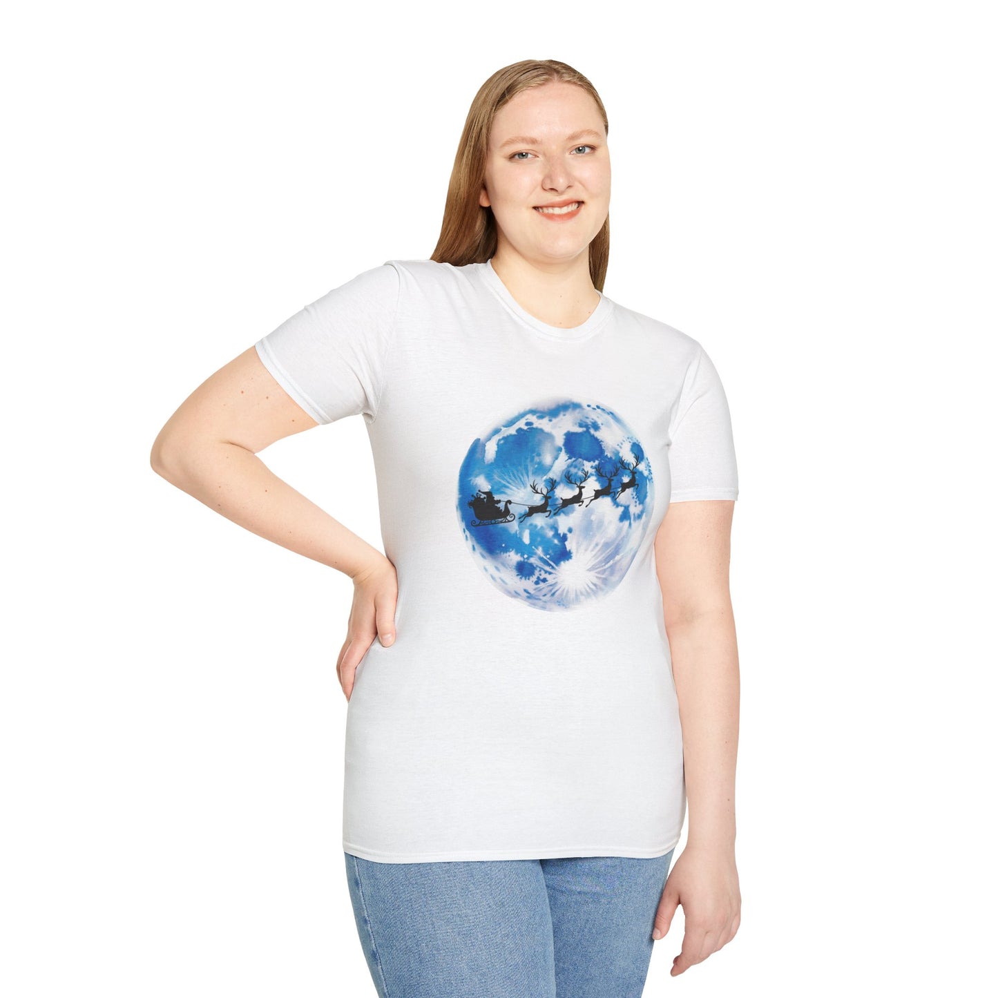 Santa Moon Christmas T-Shirt, Reindeer Sleigh Christmas Tee, Holiday Moonlight Xmas Shirt, Festive Christmas Graphic Tee, Winter Night Christmas Gift Tee