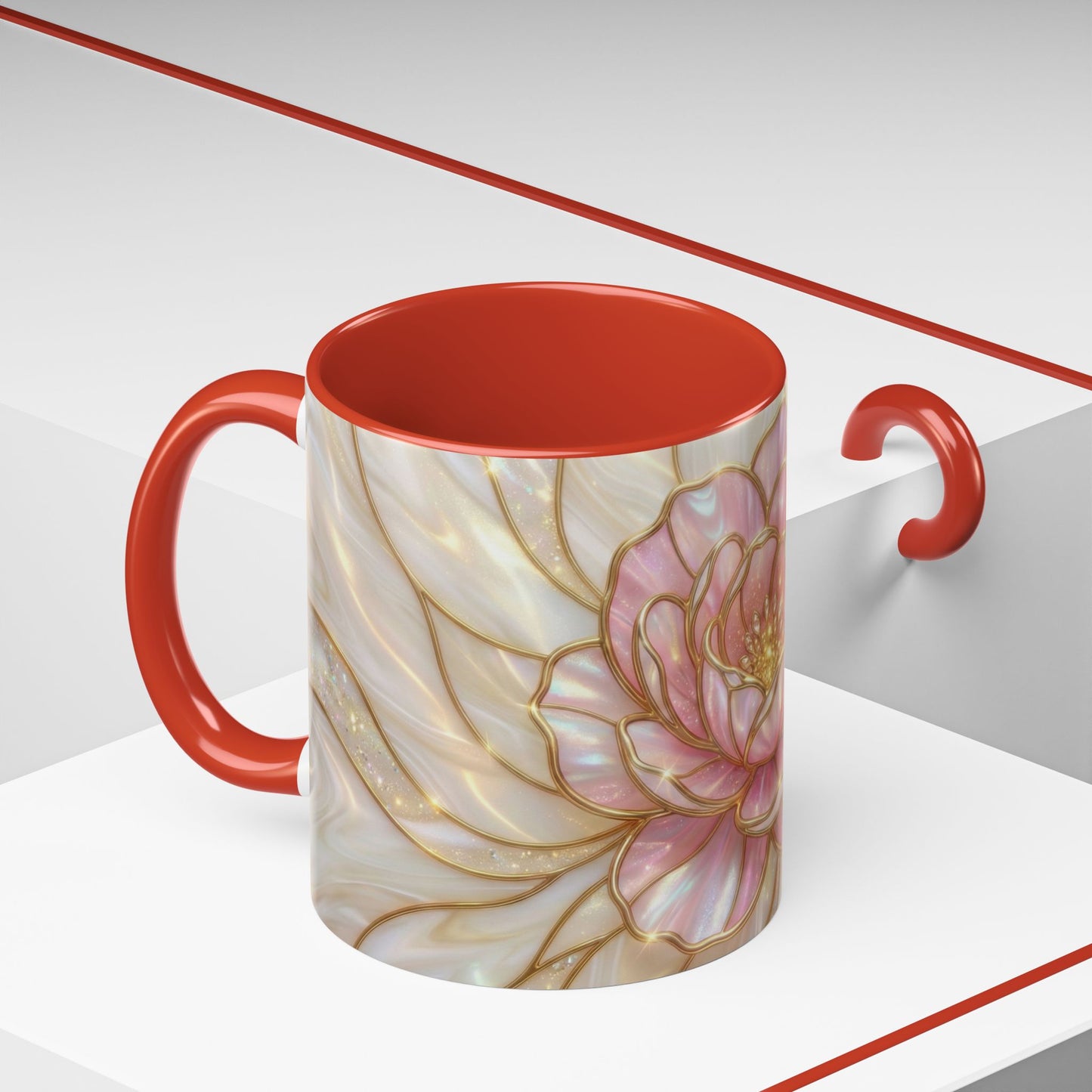 Pink Peony Stained Glass Mug, Gold Floral Coffee Cup, Elegant Flower Gift For Her, Fairycore Tea Cup, Mothers Day Present, Pearl Art Decor