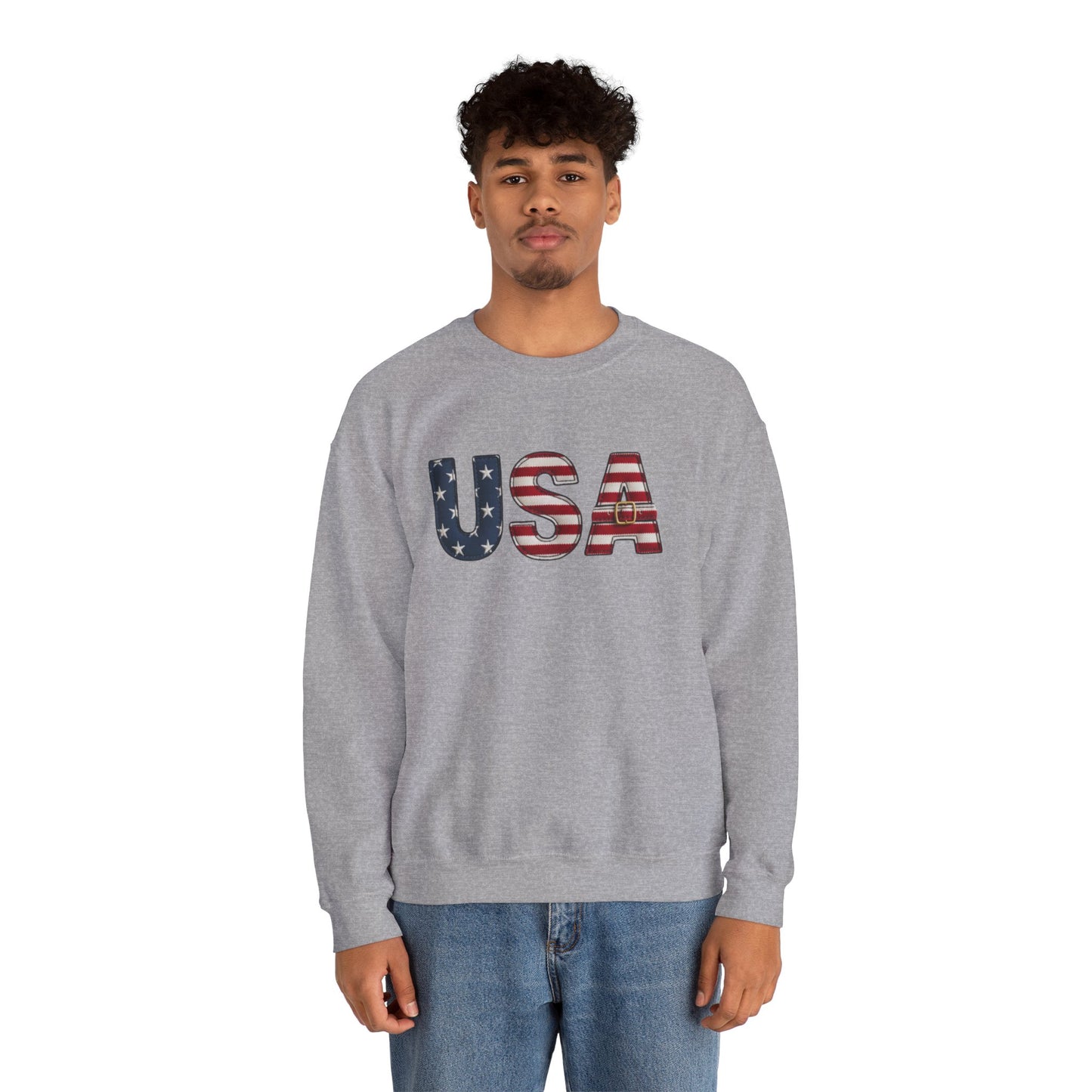 Faux Patchwork USA Sweatshirt, Patriotic Quilt Style Top, Rustic Americana Crewneck, 4th of July Shirt, Country USA Sweater, Vintage Flag Top