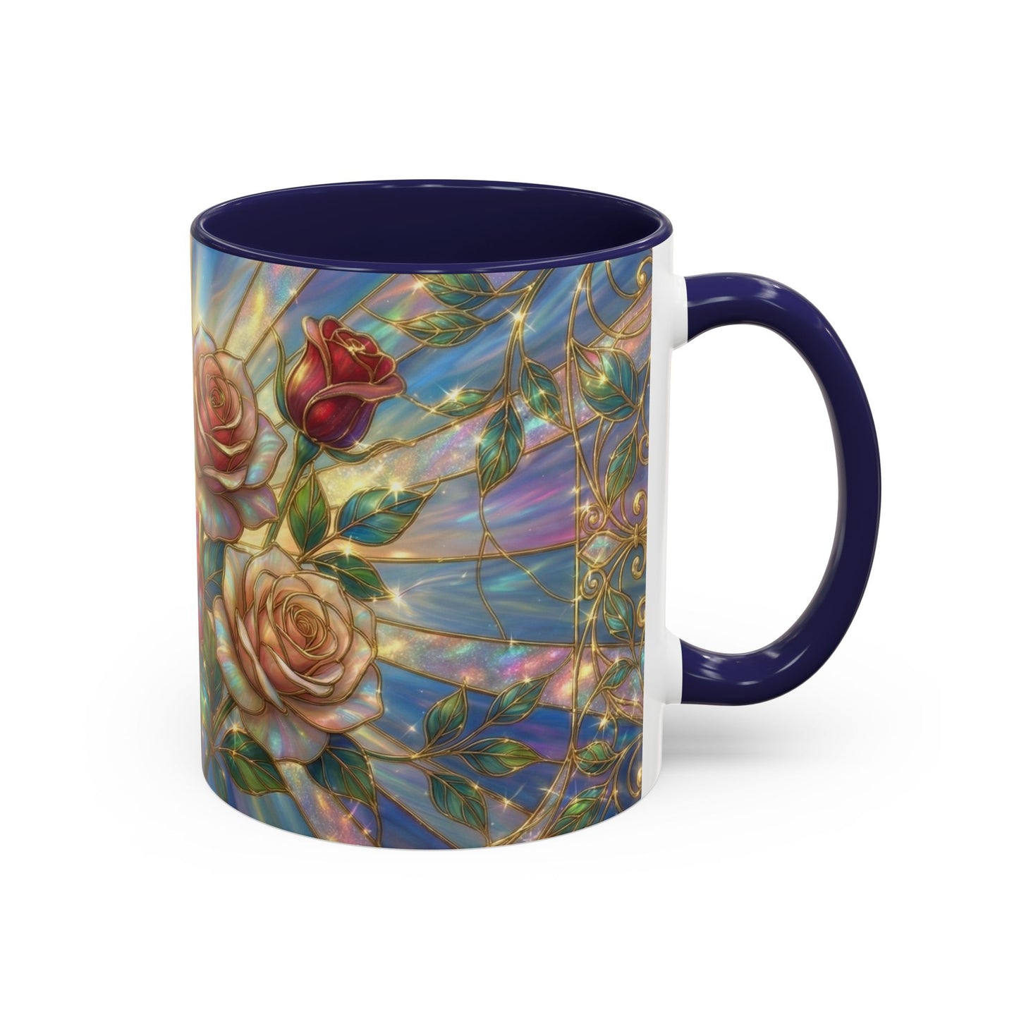 Stained Glass Rose Mug, Floral Art Coffee Cup, Elegant Rose Flower Mug, Blue Gold Glass Style Design, Romantic Gift For Her Decor