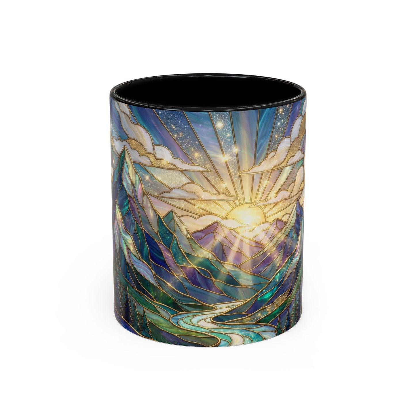 Mountain Art Mug, Scenic Mountain Coffee Cup, Nature Lover Ceramic Mug, Stained Glass Style Landscape, 11oz 15oz Gift, Outdoor Hiking Mug, Unique Coffee Tea Cup