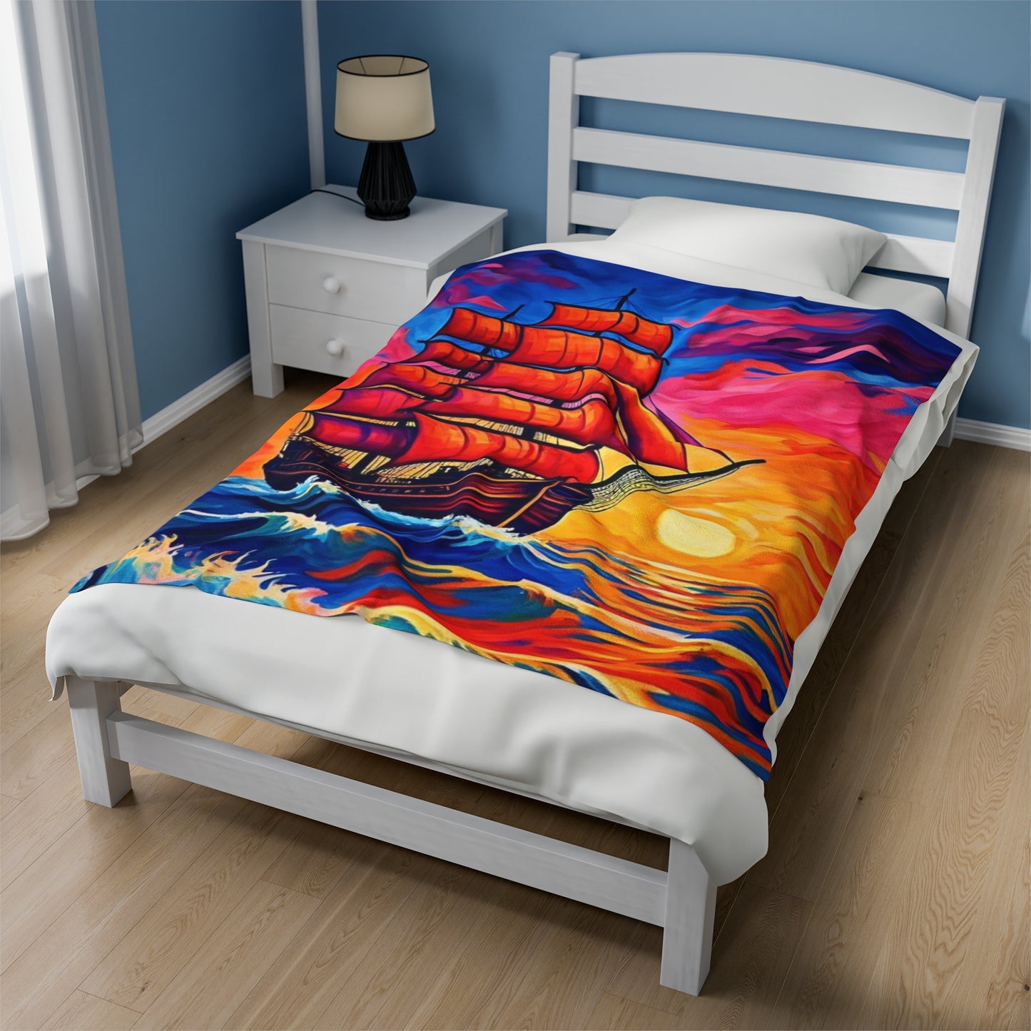 Plush Blanket - Sunset Ship Painting Design