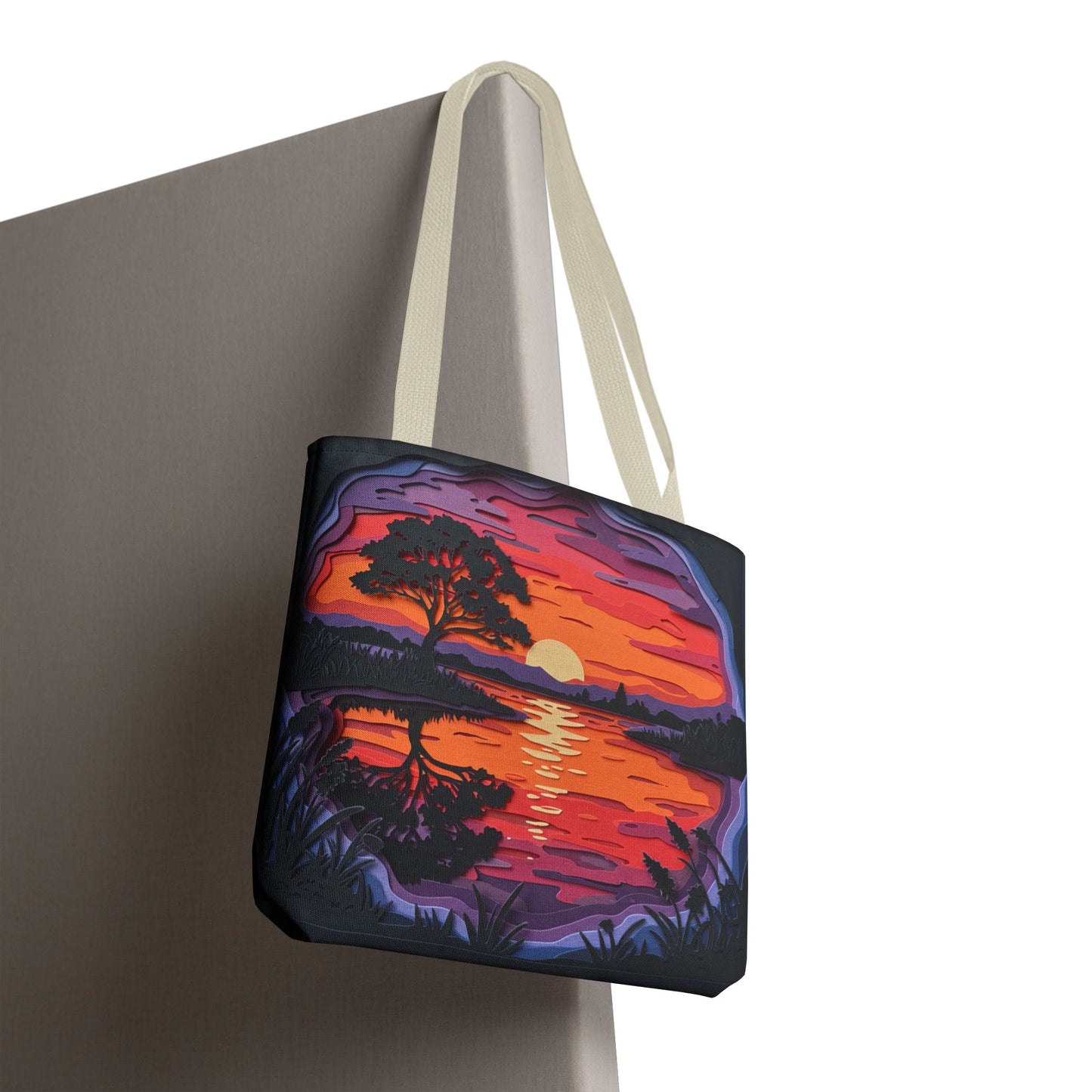 Sunset Landscape Canvas Tote Bag – Paper‑Art Inspired Nature Scene Tote – Colorful Sunset Market Tote, Eco Reusable Beach Bag, Vibrant Gift for Her