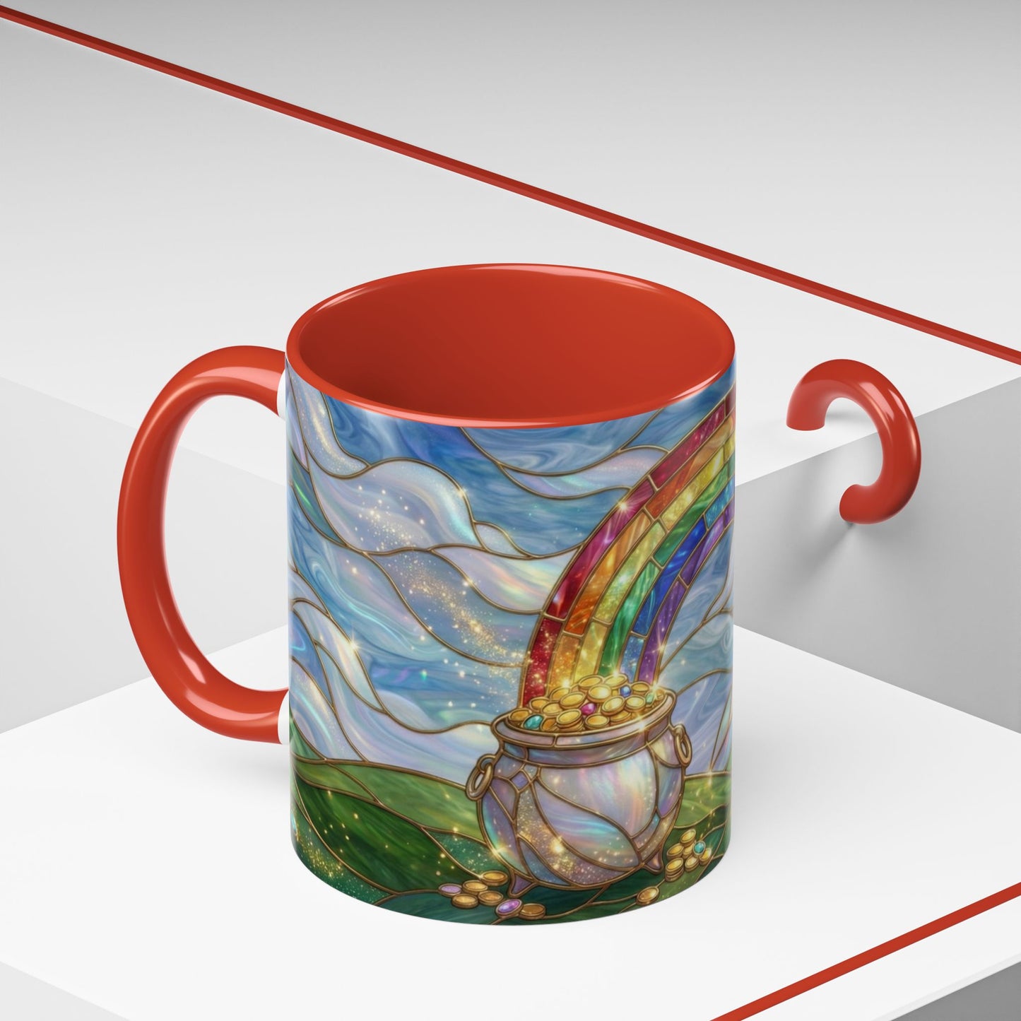 Stained Glass Rainbow Mug, Pot Of Gold Coffee Cup, St Patricks Day Gift, Whimsical Magical Art Mug, Lucky Irish Leprechaun Treasure