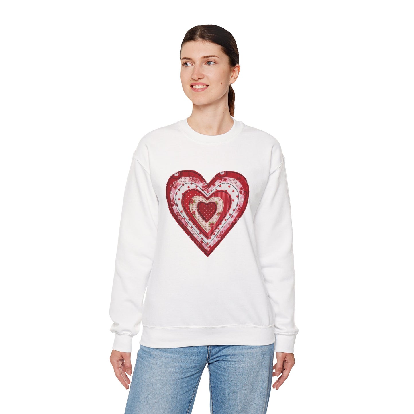 Faux Patchwork Heart Sweatshirt, Valentine Heart Shirt, Cute Valentine Gift, Retro Patchwork Crewneck, Cozy Love Sweater, Boho Heart Top