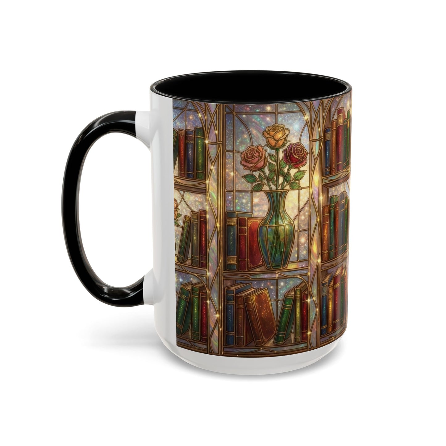 Stained Glass Books Mug, Book Lover Coffee Mug, Cozy Library Mug, Bookish Gift For Readers, Dark Academia Mug, Floral Bookshelf Cup