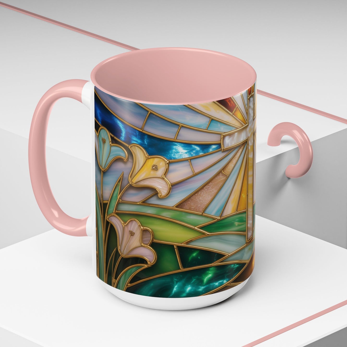Stained Glass Cross Mug, Christian Coffee Cup, Faith Gift Mug, Religious Art Mug, Floral Church Mug, Inspirational Faith Cup, Easter Gift