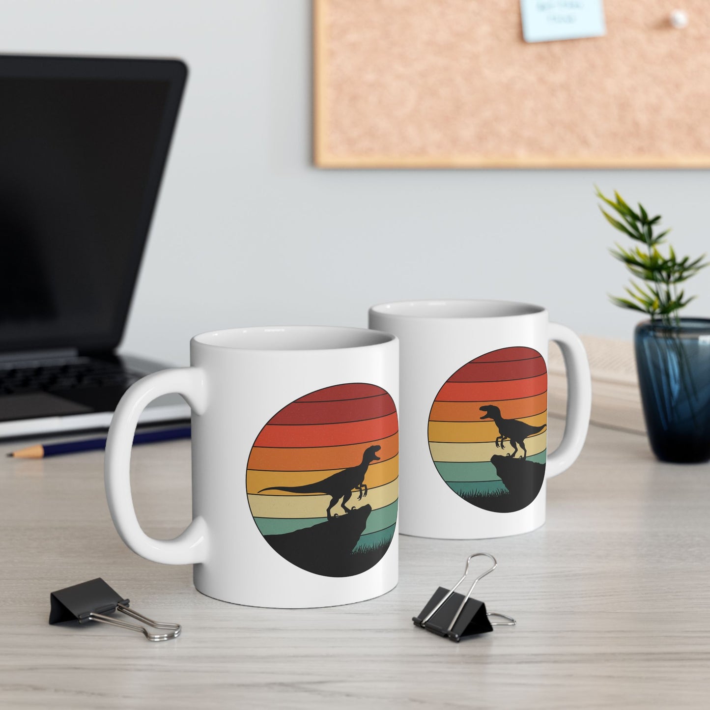 Retro Sunset Dinosaur Mug – Velociraptor Silhouette on Vintage Stripes, Jurassic Coffee Cup, Prehistoric Art Ceramic Mug, Dinosaur Lover Gift