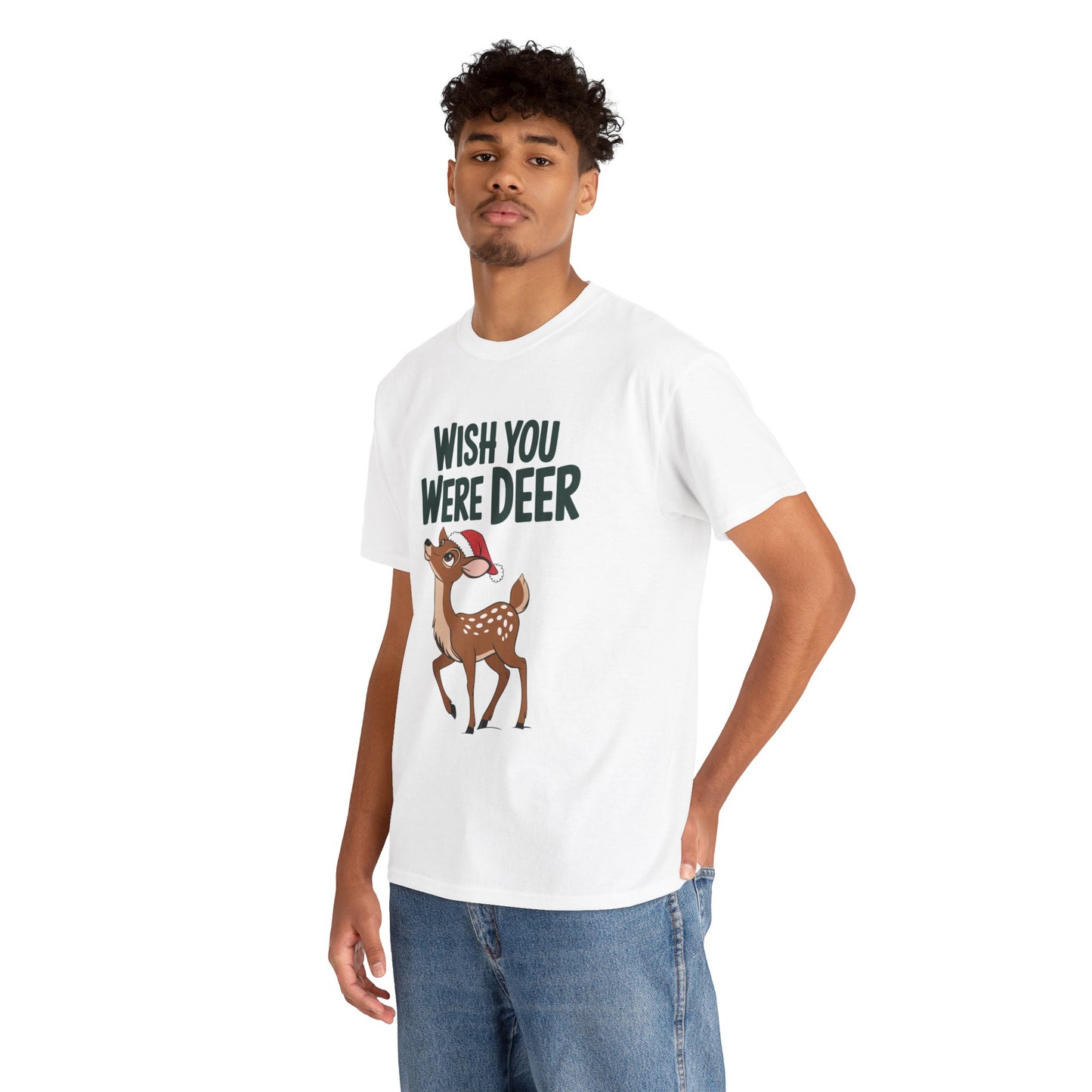 Wish You Were Deer Funny Christmas T-Shirt, Cute Reindeer Holiday Tee, Pun Christmas Shirt, Festive Santa Hat Deer Graphic Tee Gift