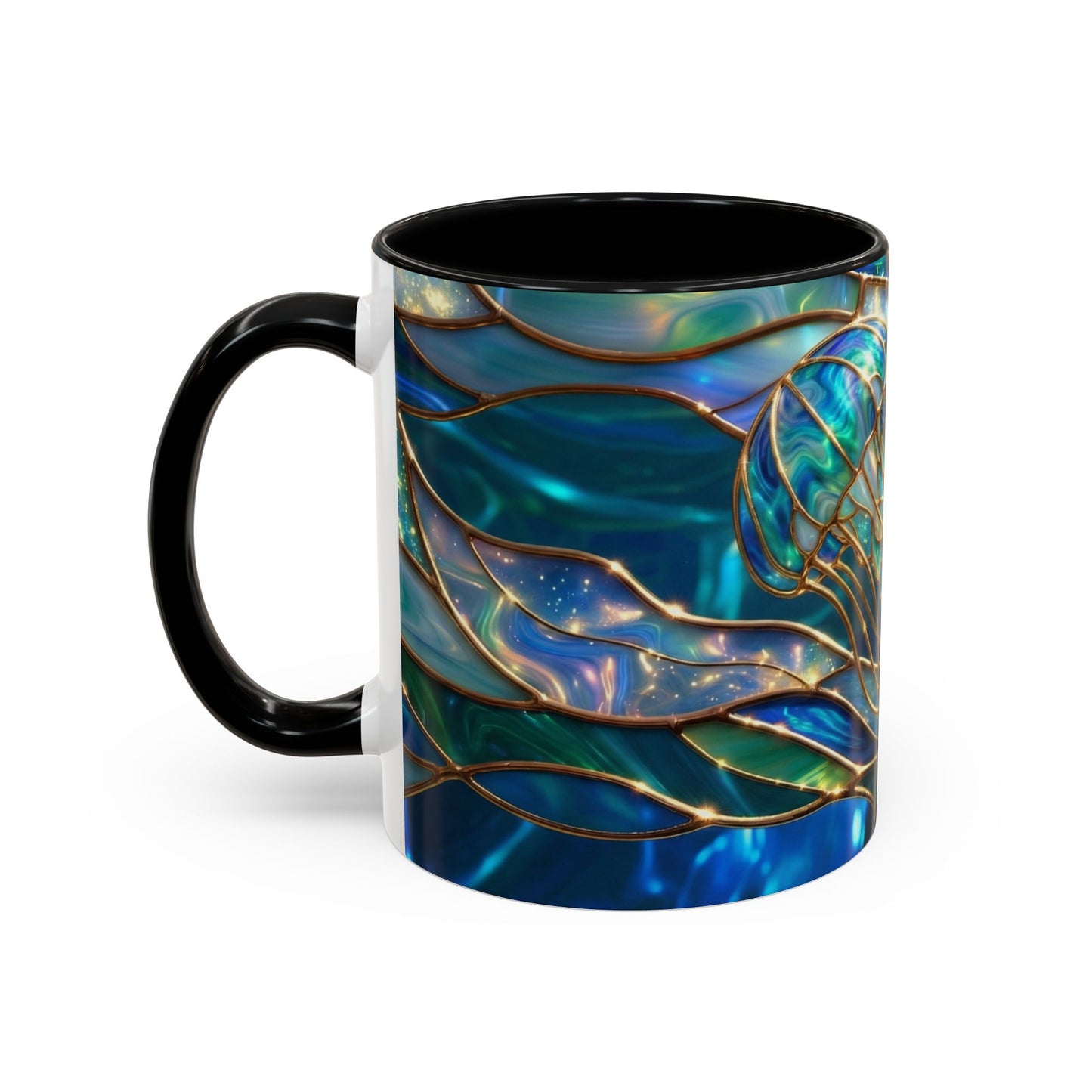 Stained Glass Jellyfish Mug, Ocean Art Coffee Cup, Nautical Sea Life Mug, Blue Teal Gold Glass Style Mug, Gift For Ocean Lovers Decor