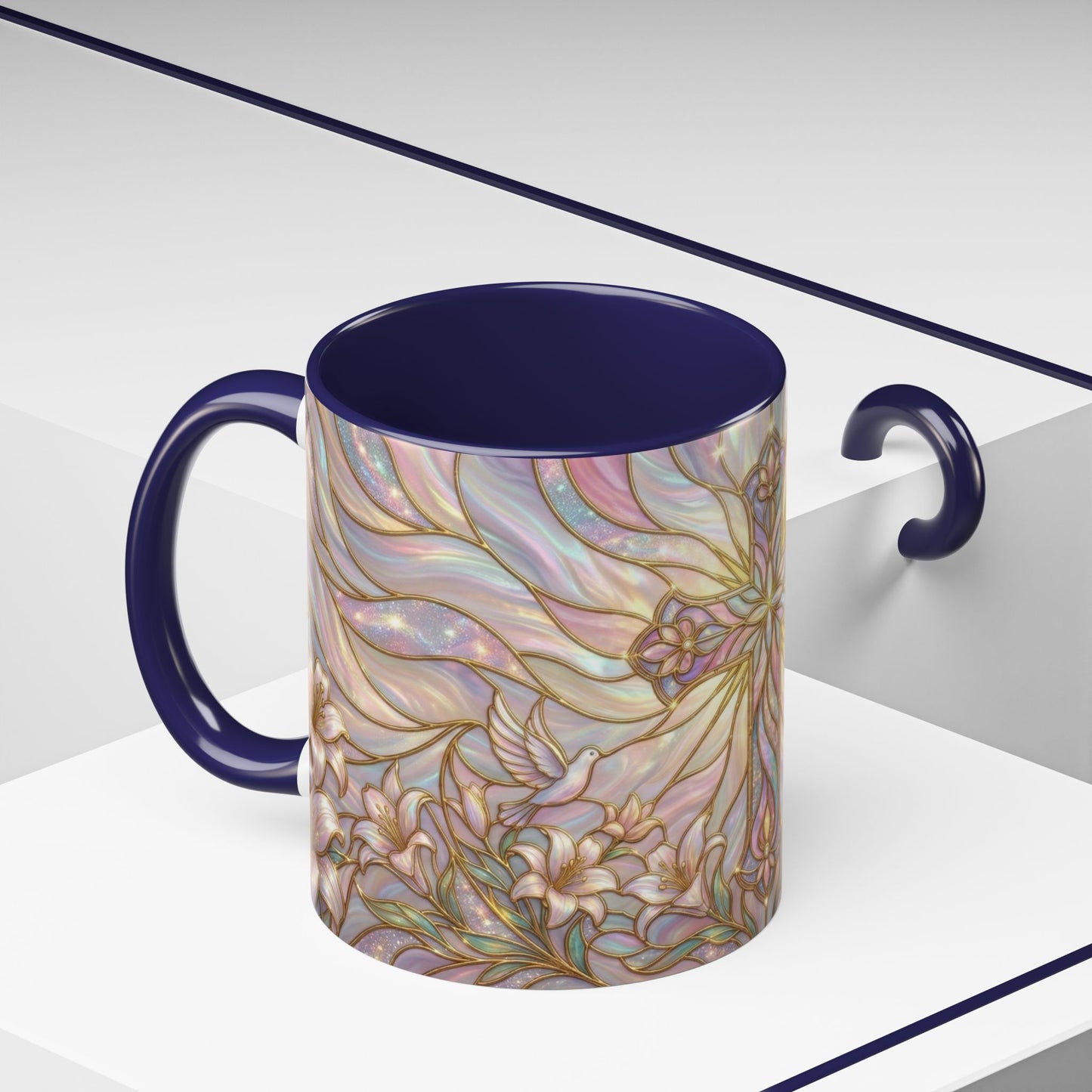 Stained Glass Cross Mug, Easter Lily Coffee Cup, Christian Gift for Women, Pastel Religious Drinkware, Dove and Faith Cup, Spiritual
