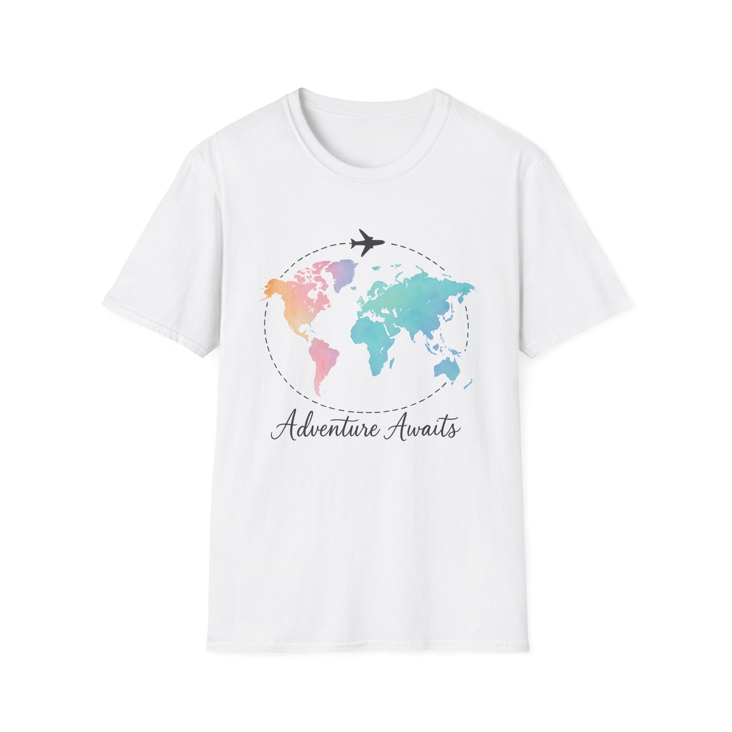 Adventure Awaits Travel Shirt | Watercolor World Map Tee for Women and Men | Wanderlust Gift for Travelers, Hikers, Campers, Beach Lovers