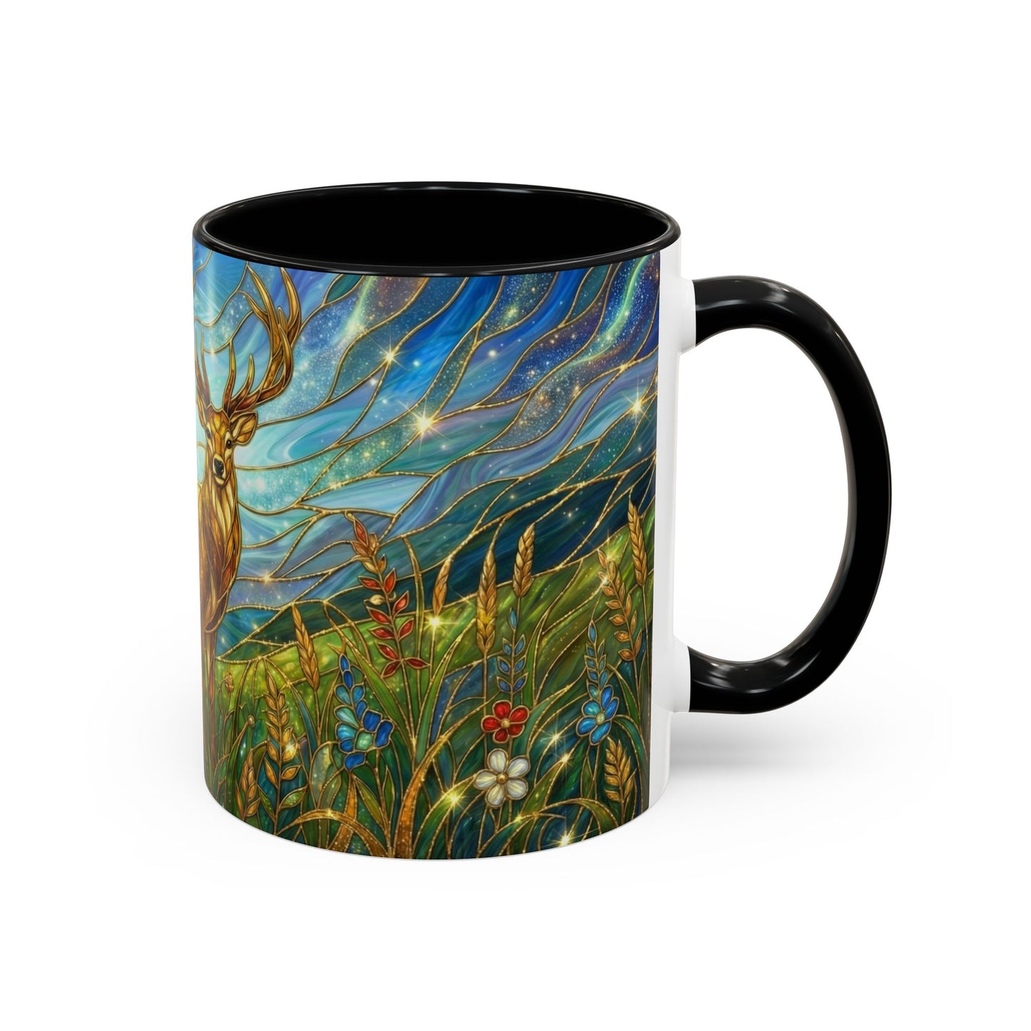 Stained Glass Deer Mug, Woodland Art Coffee Cup, Nature Forest Mug, Blue Green Gold Glass Style Mug, Gift For Nature Lovers Decor