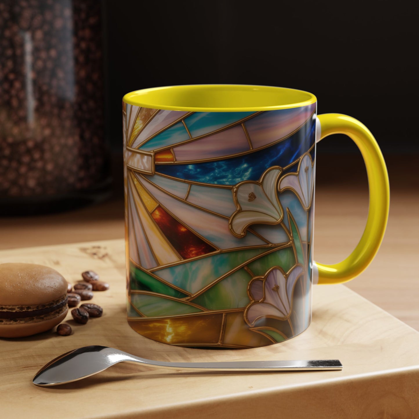 Stained Glass Cross Mug, Christian Coffee Cup, Faith Gift Mug, Religious Art Mug, Floral Church Mug, Inspirational Faith Cup, Easter Gift