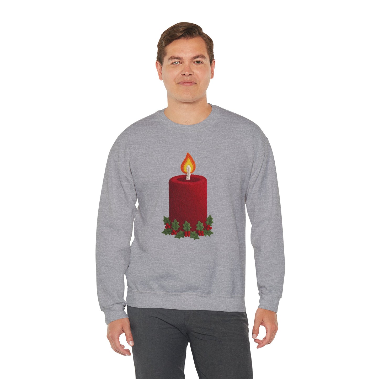 Faux Patchwork Crochet Candle Sweatshirt, Christmas Candle Sweater, Holiday Cozy Winter Crewneck, Cute Xmas Candle Sweatshirt, Unisex Holiday Top