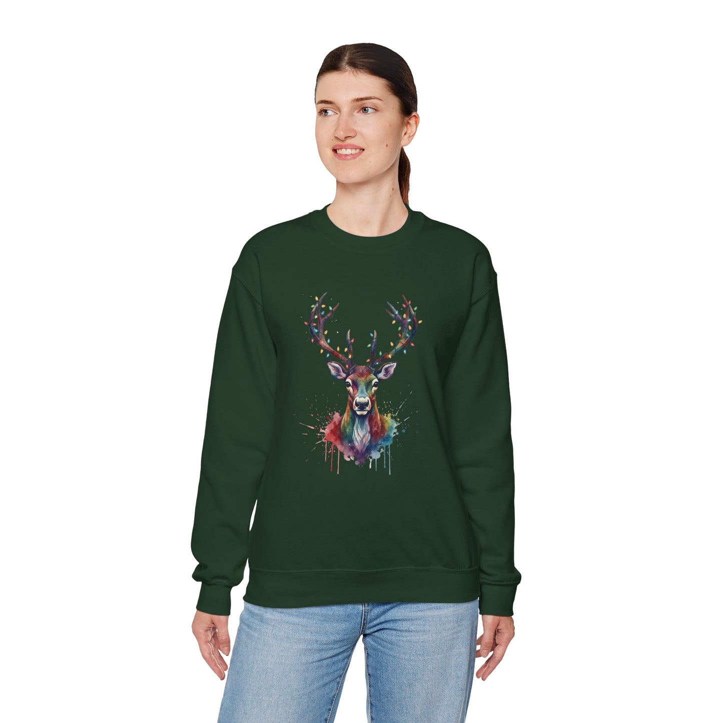 Colorful Reindeer Christmas Sweatshirt, Holiday Deer Lights Sweater, Watercolor Winter Crewneck, Festive Cozy Gift For Him Or Her