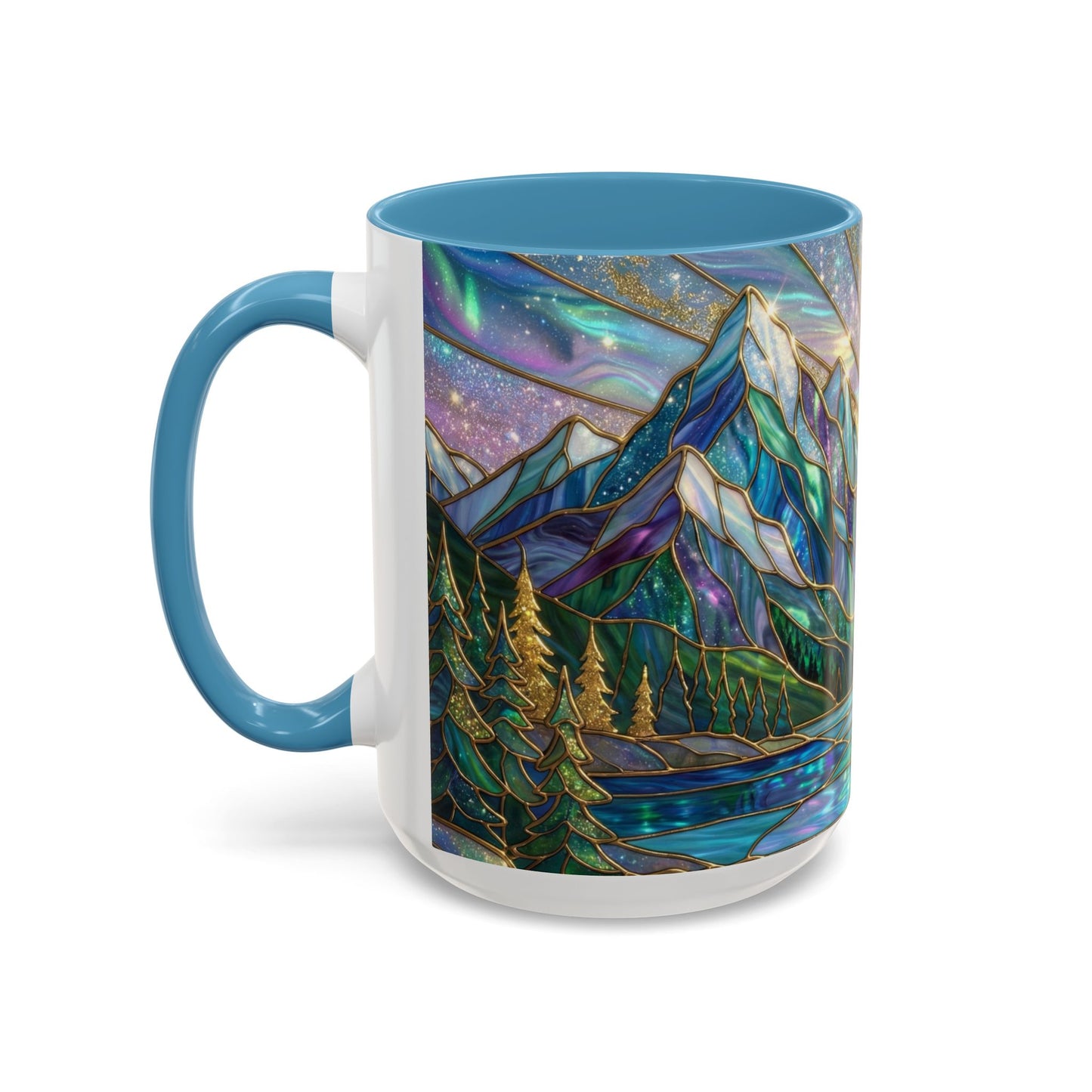 Stained Glass Mountain Mug, Mountain Landscape Coffee Cup, Galaxy Sky Nature Ceramic Mug, Sunrise River Forest Art, 11oz 15oz Gift