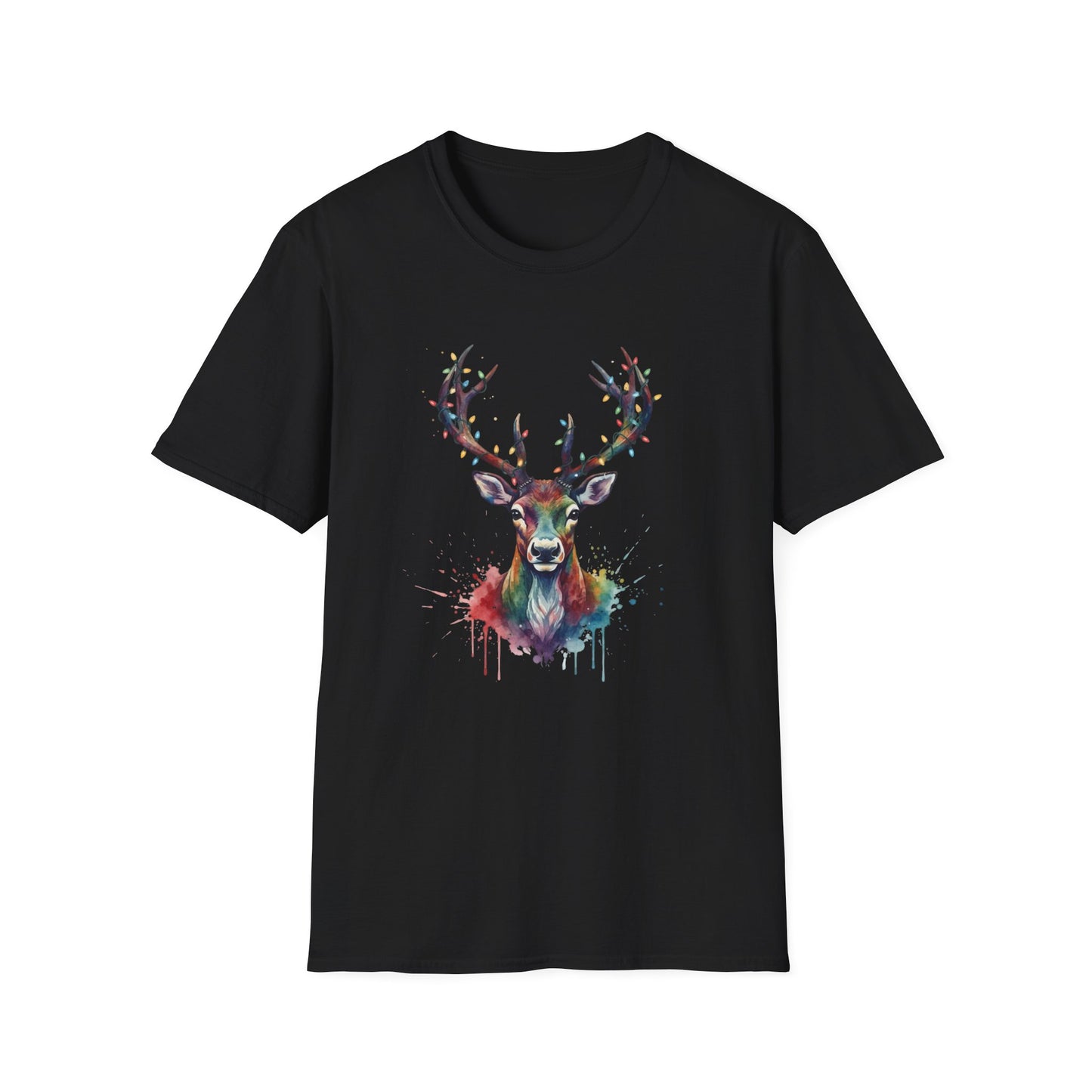 Christmas Deer Shirt, Watercolor Buck T-Shirt, Deer With Christmas Lights Tee, Holiday Wildlife Art Shirt, Colorful Deer Head Xmas Tee