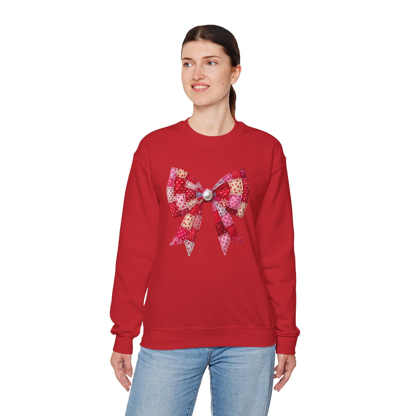 Faux Patchwork Bow Sweatshirt, Quilted Look Bow Crewneck, Pearl Bow Pullover, Cozy Coquette Sweatshirt, Girly Valentine Gift
