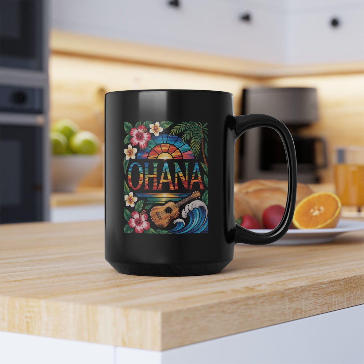 Ohana Mug Hawaiian Coffee Cup Tropical Sunset, Hibiscus Flowers, Ukulele, Aloha Gift