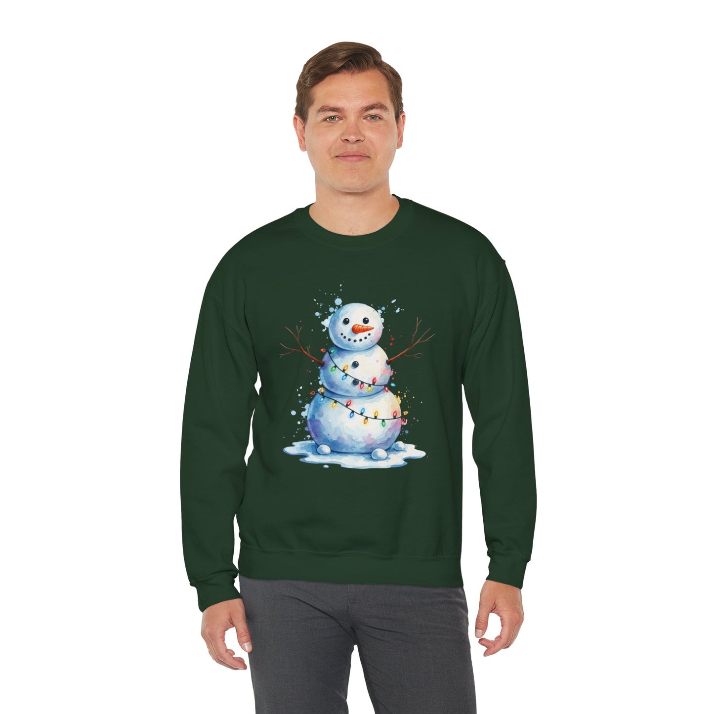 Watercolor Snowman Christmas Sweatshirt, Cute Snowman Crewneck for Winter, Holiday Lights Snowman Sweater, Cozy Unisex Christmas Gift