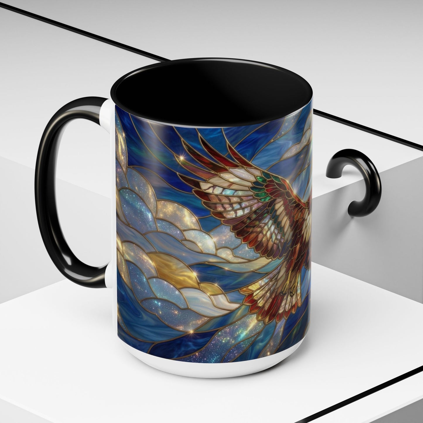 Stained Glass Hawk Mug, Soaring Bird Coffee Mug, Nature Art Hawk Cup, Bird Lover Gift, Stained Glass Style Animal Mug
