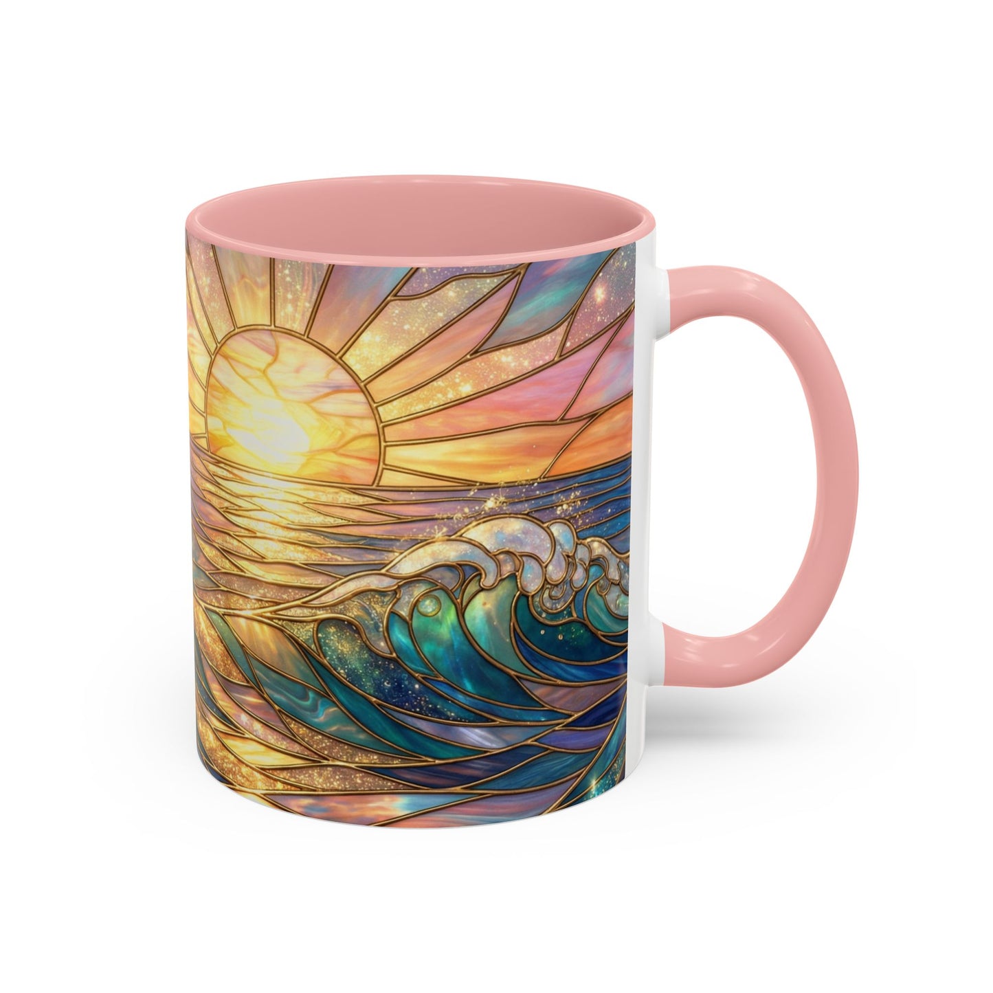Stained Glass Ocean Wave Mug, Sunrise Beach Coffee Cup, Japanese Art Gift, Coastal Decor Kitchen, Mosaic Sea Tea Cup, Blue Gold Nature Lover