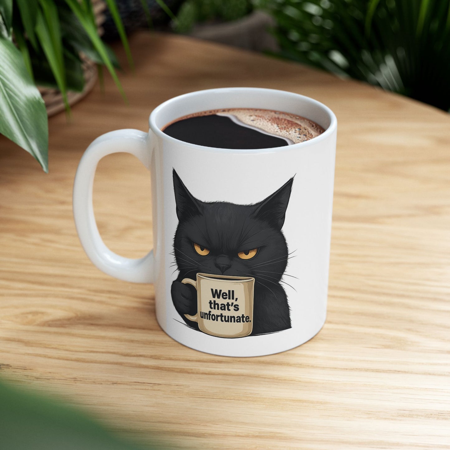 Sarcastic Black Cat Coffee Mug 11 oz or 15oz - “Well, thats unfortunate.” Funny Grumpy Cat Meme Gift, Office Humor, Tea Cup, Sarcasm Lover