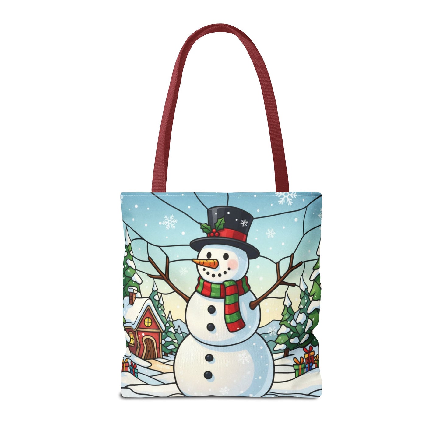 Stained Glass Snowman Christmas Tote Bag, Holiday Art Tote, Festive Winter Gift Bag, Colorful Christmas Scene Reusable Shopping Bag