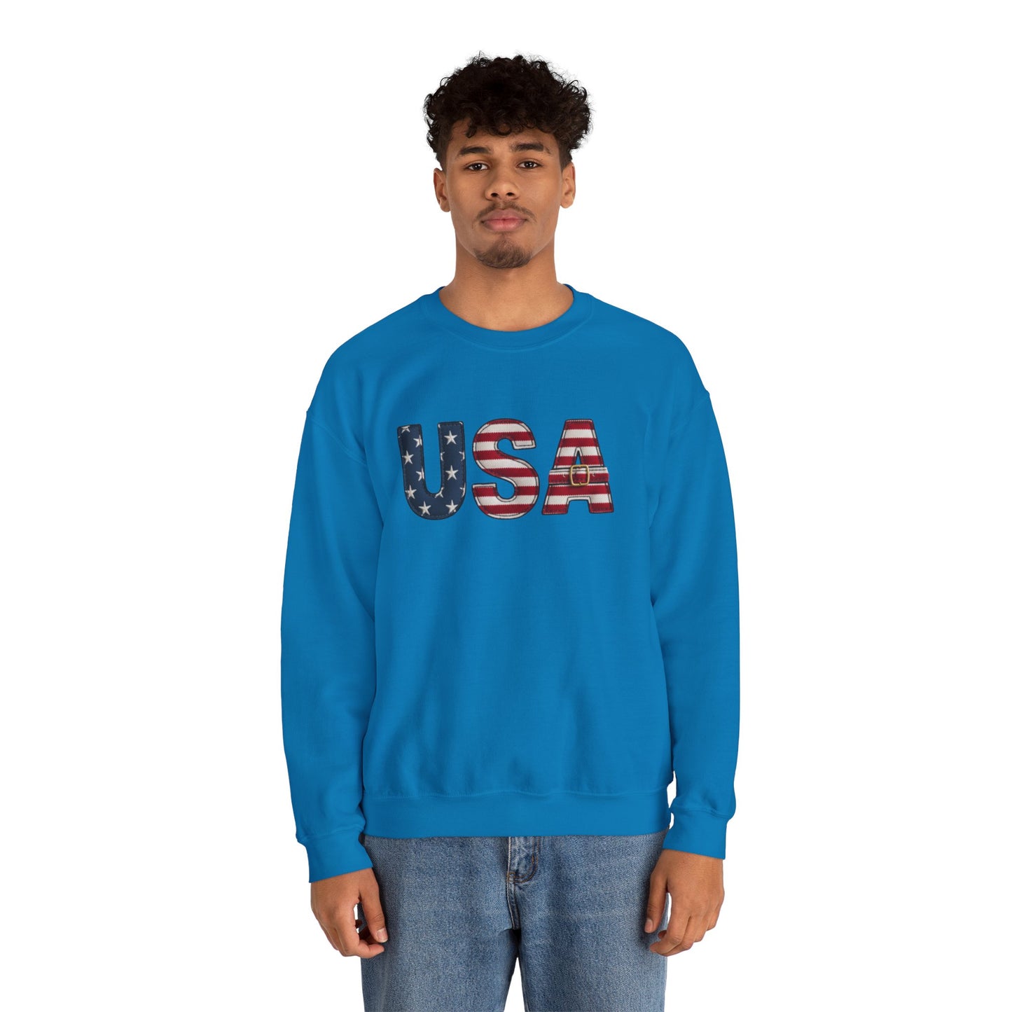 Faux Patchwork USA Sweatshirt, Patriotic Quilt Style Top, Rustic Americana Crewneck, 4th of July Shirt, Country USA Sweater, Vintage Flag Top