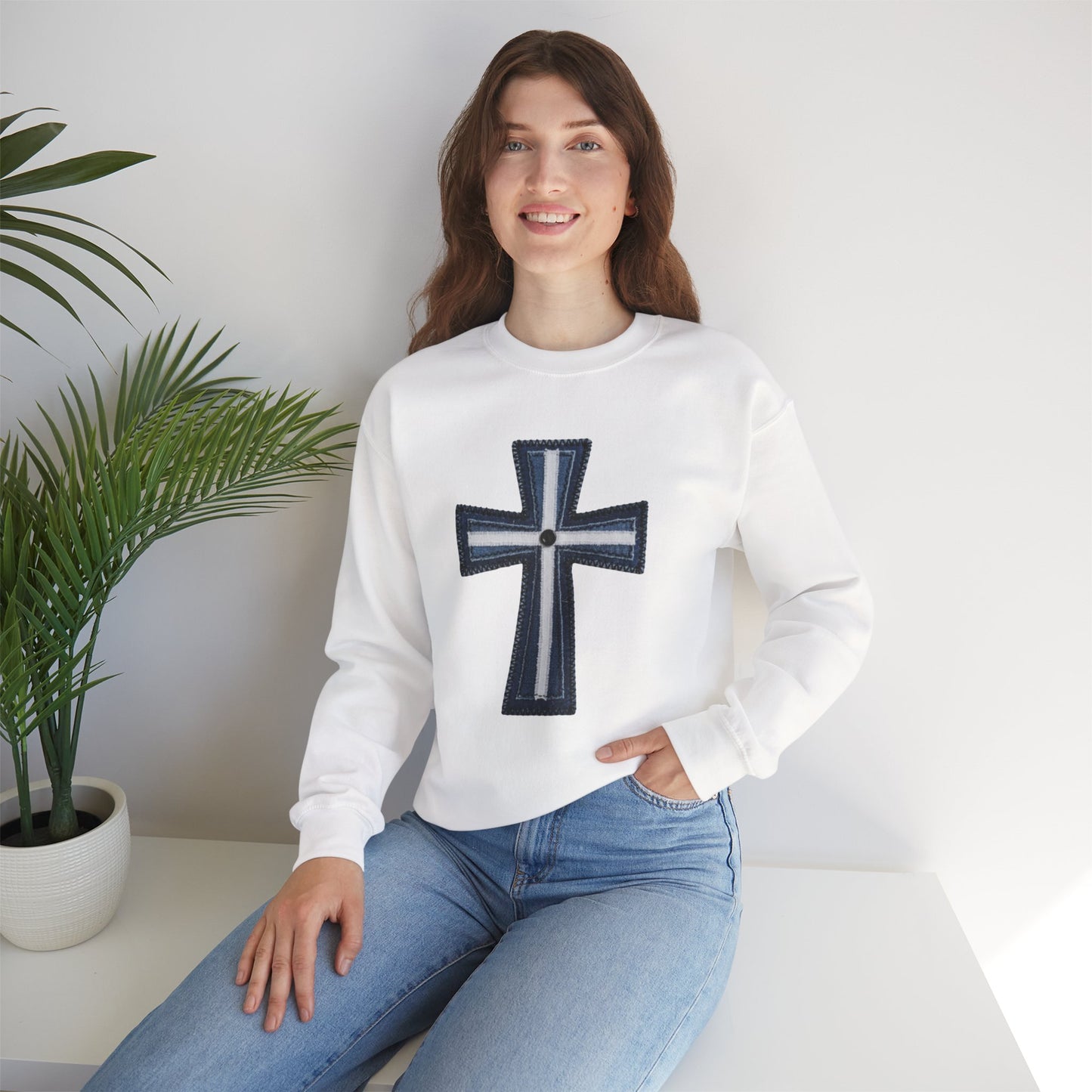 Faux Patchwork Cross Sweatshirt, Christian Patchwork Style Crewneck, Faith Gift for Women Men, Rustic Cross Sweatshirt, Religious Xmas Gift