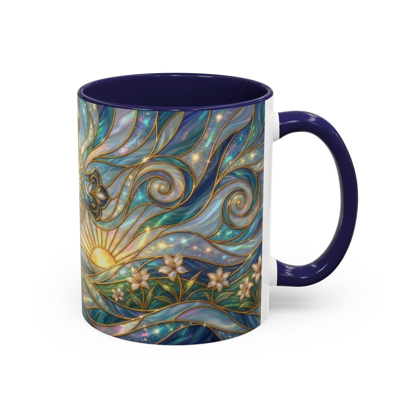 Stained Glass Cross Mug, Christian Coffee Cup, Religious Easter Gift, Celestial Faith Mug, Spiritual Sunrise Cup, Dove Lily Print Mug