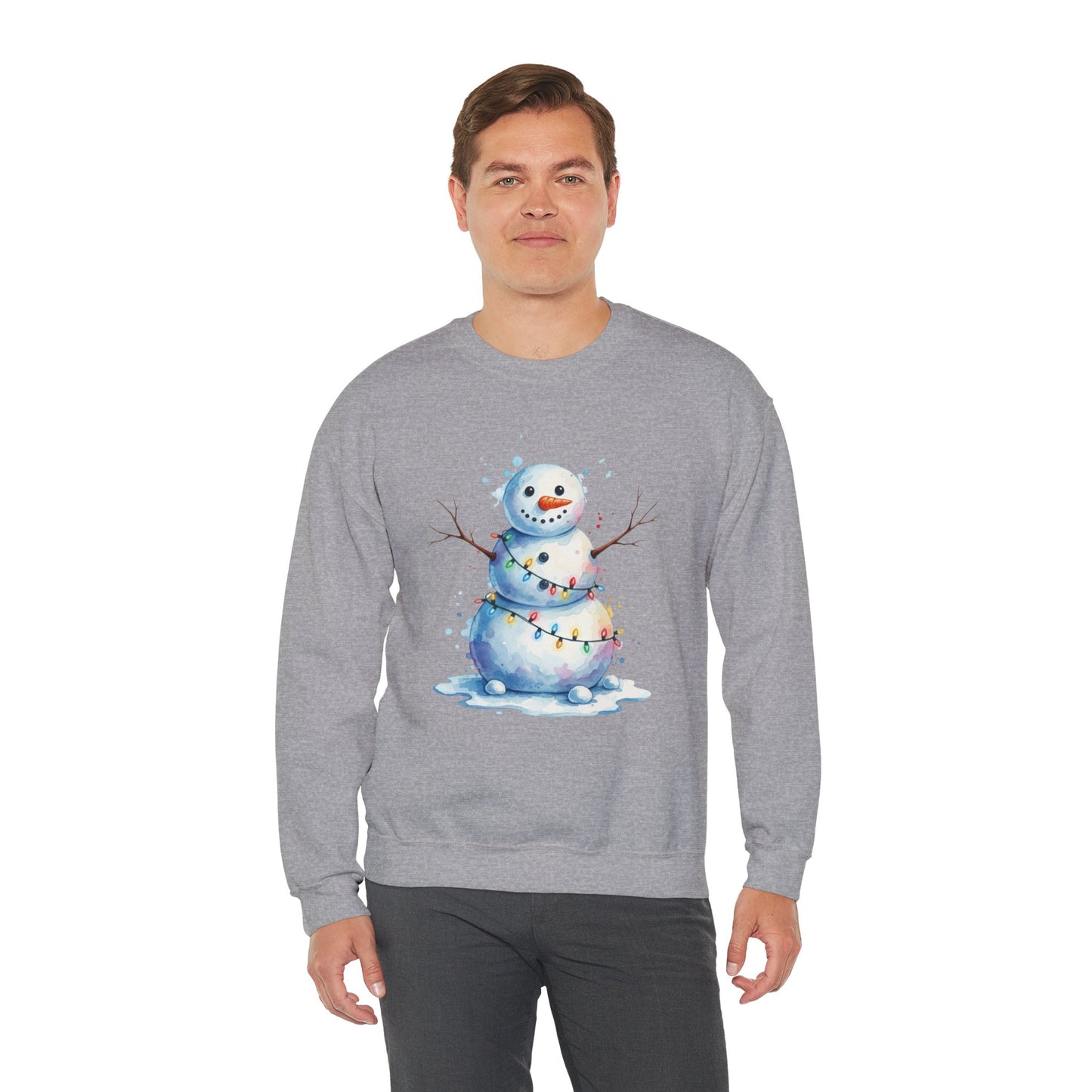 Watercolor Snowman Christmas Sweatshirt, Cute Snowman Crewneck for Winter, Holiday Lights Snowman Sweater, Cozy Unisex Christmas Gift
