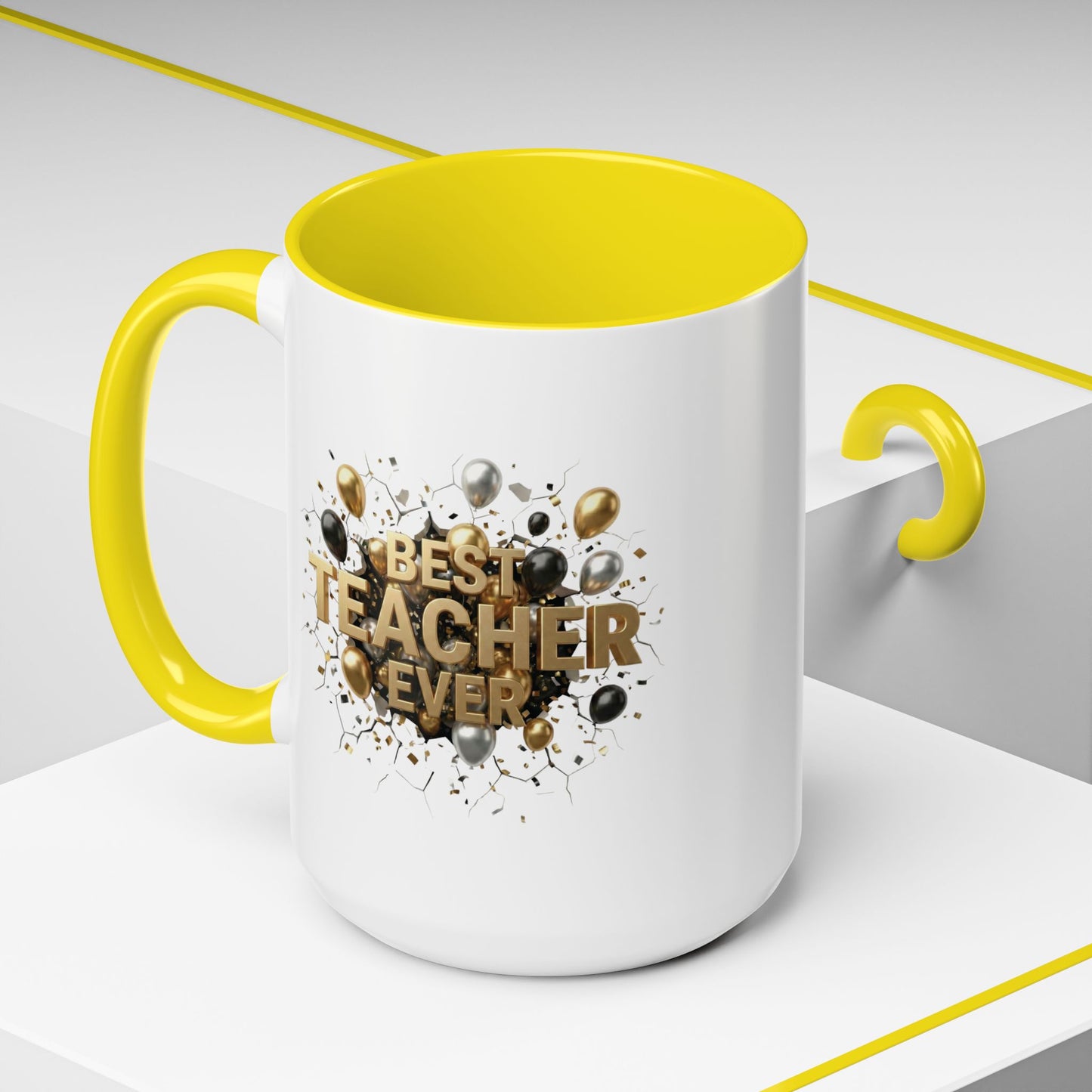 Personalized Teacher Mug, Best Teacher Ever Gift, Custom Educator Coffee Cup, 3D Gold Balloon Design, Teacher Appreciation Present
