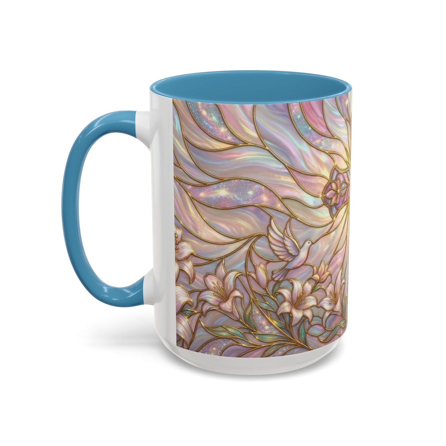Stained Glass Cross Mug, Easter Lily Coffee Cup, Christian Gift for Women, Pastel Religious Drinkware, Dove and Faith Cup, Spiritual
